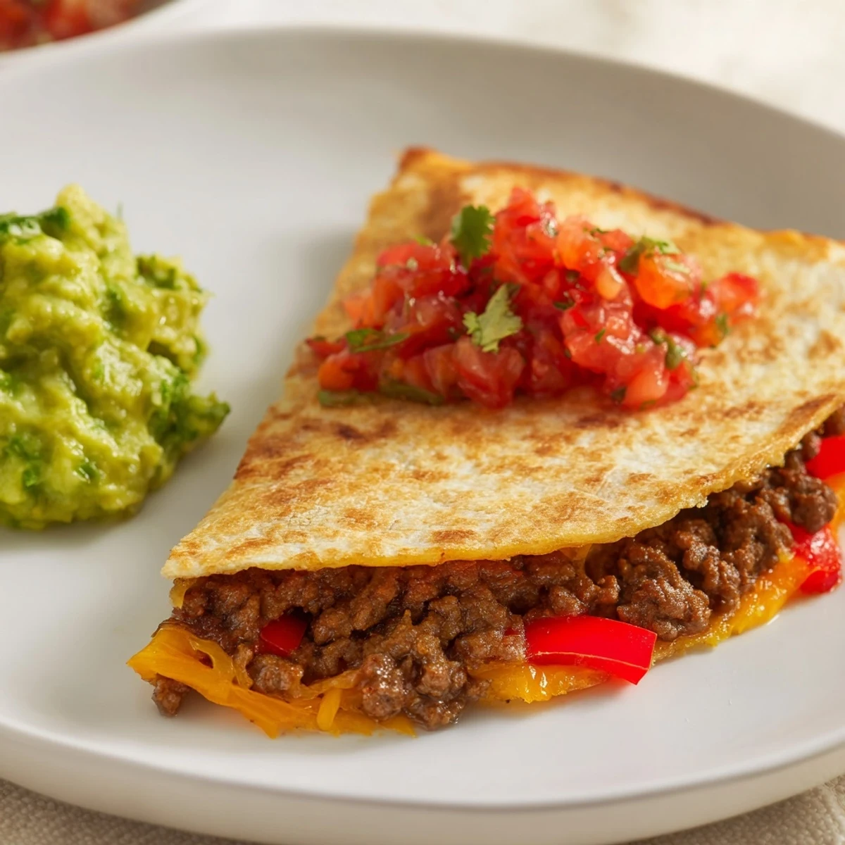 Melted cheese and seasoned beef in Beef Quesadillas with Salsa and Guacamole.