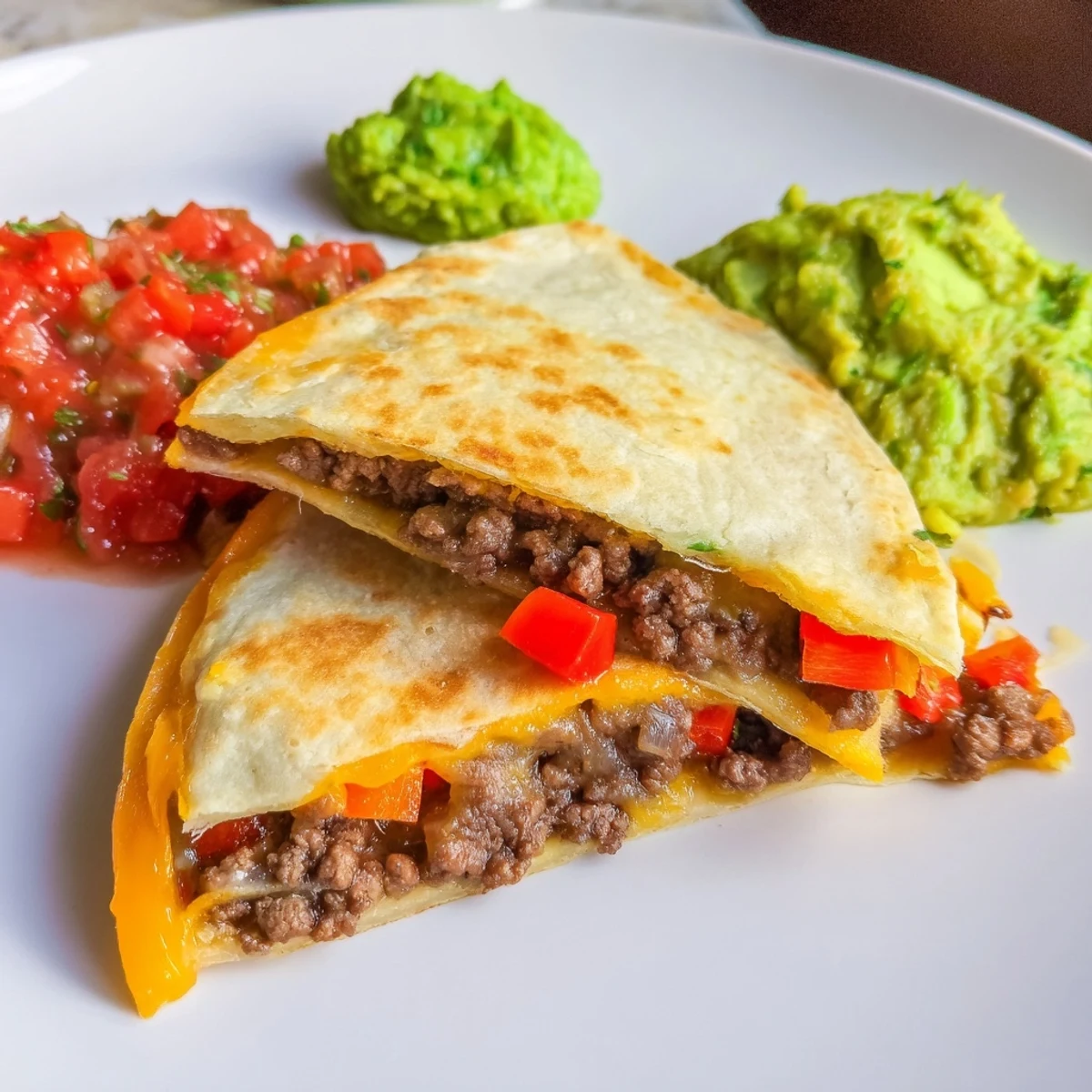 Golden-brown Beef Quesadillas with Salsa and Guacamole on a rustic plate.