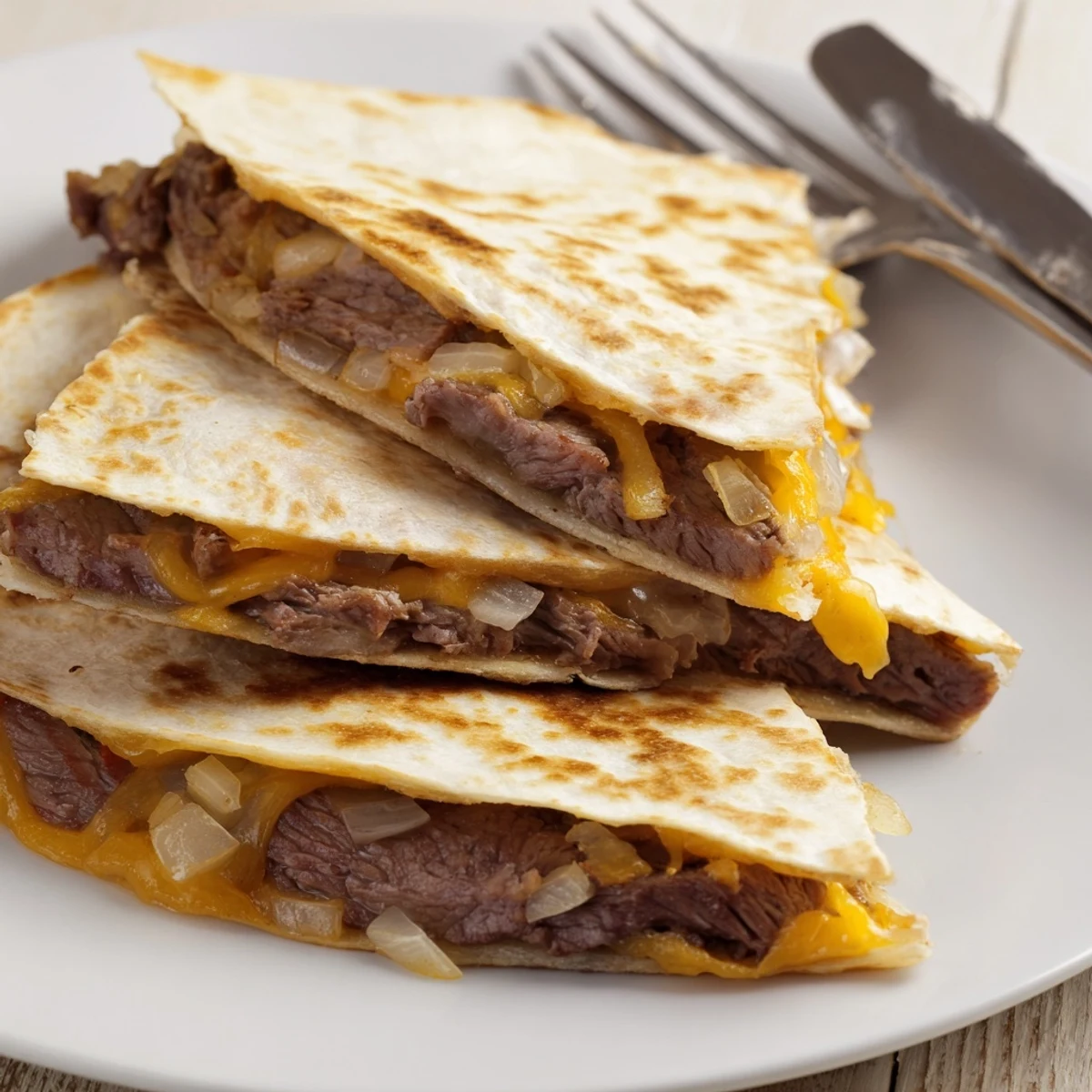 Des quesadillas au bœuf fondant avec du fromage, accompagnées de salsa, guacamole et crème fraîche.