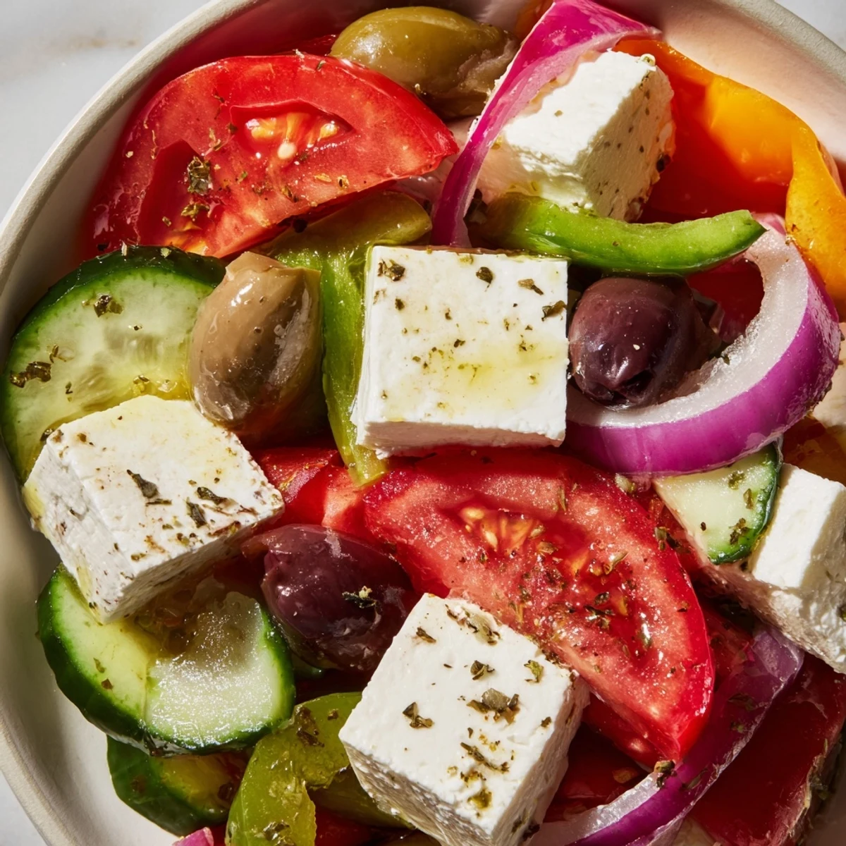 Greek Salad with Kalamata Olives, Cucumber, and Feta garni de tomates rouges éclatantes et de tranches de concombre vert vif.