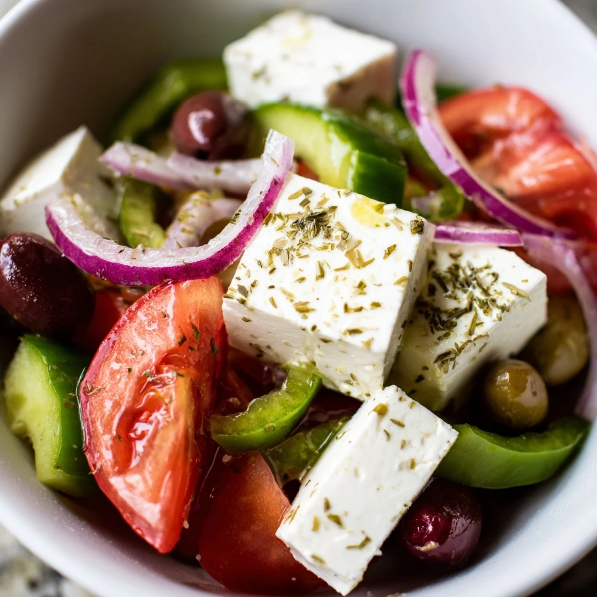 Rustic bowl of Greek Salad with Kalamata Olives, Cucumber, and Feta, sprinkled with oregano et served as a fresh side.