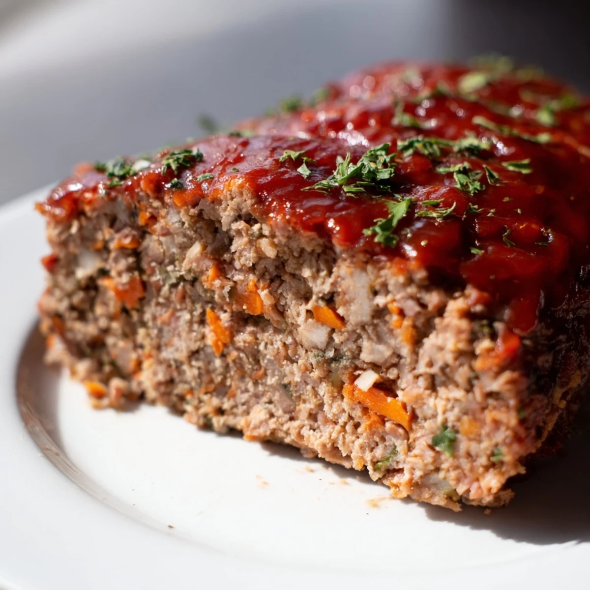Moist turkey meatloaf with tomato glaze and green beans on a white plate, garnished with parsley. 