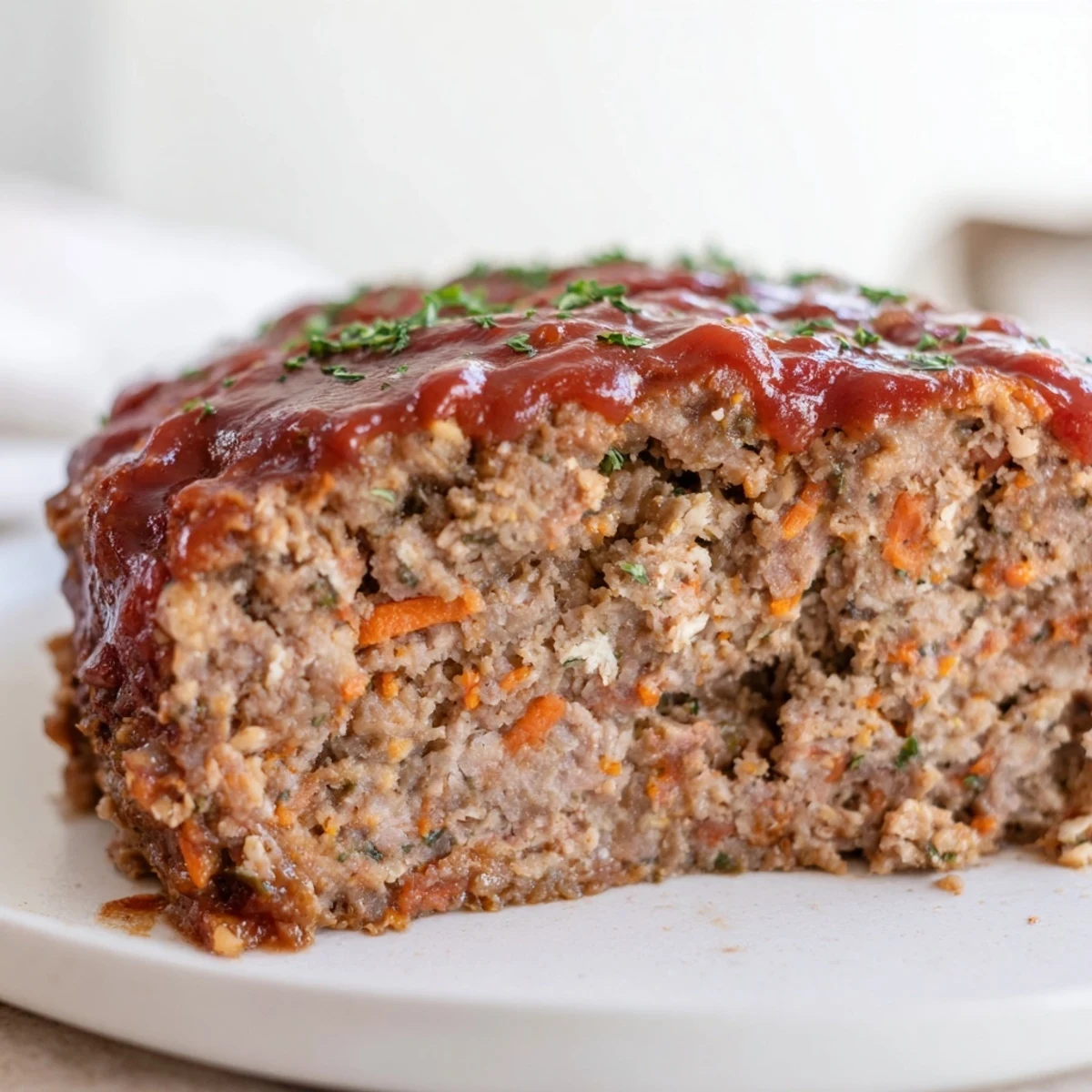 Sliced turkey meatloaf with tangy tomato glaze and crisp green beans, served for dinner. 