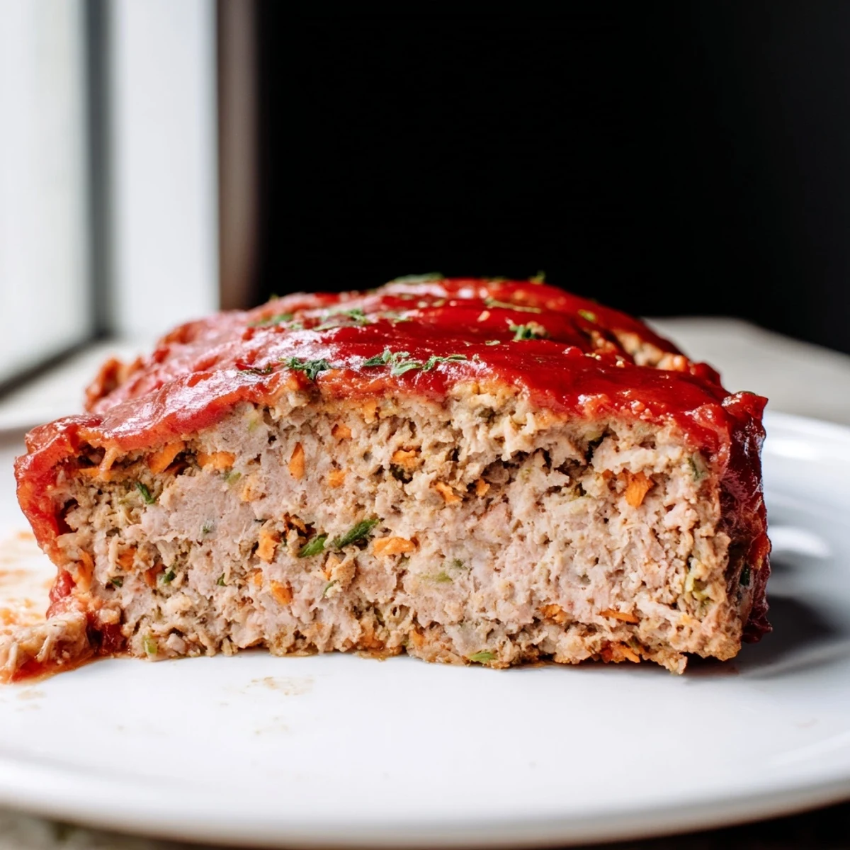 Golden-brown turkey meatloaf with glossy tomato glaze and buttery green beans on a plate.