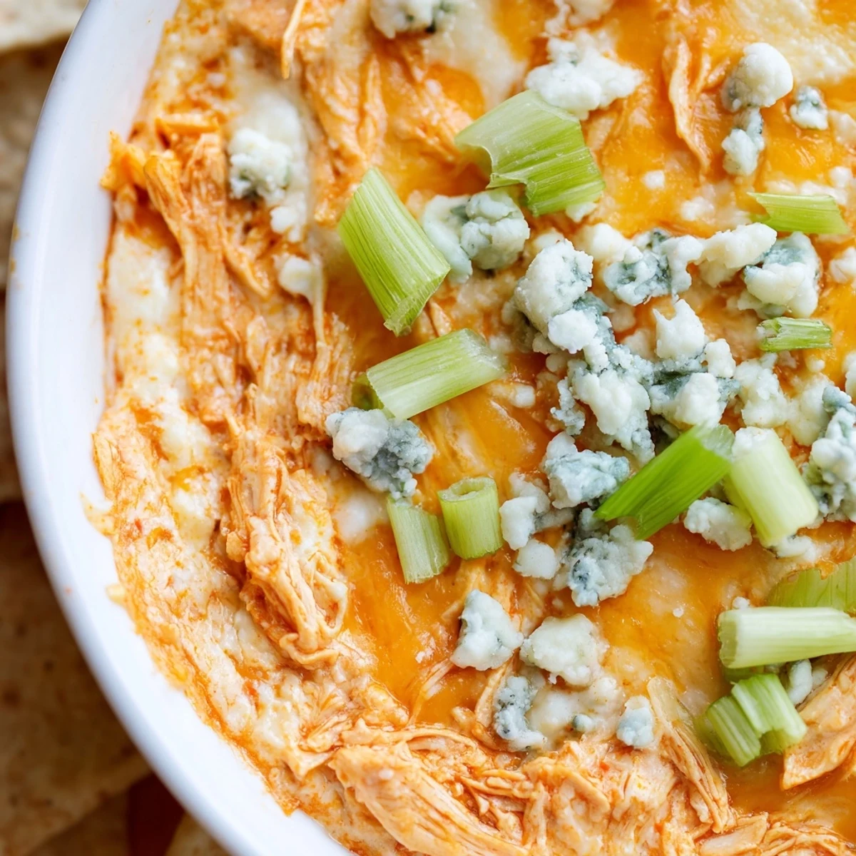 Spicy Buffalo Chicken Dip with Celery and Chips plated with crisp celery sticks and crunchy tortilla chips for party snacking.