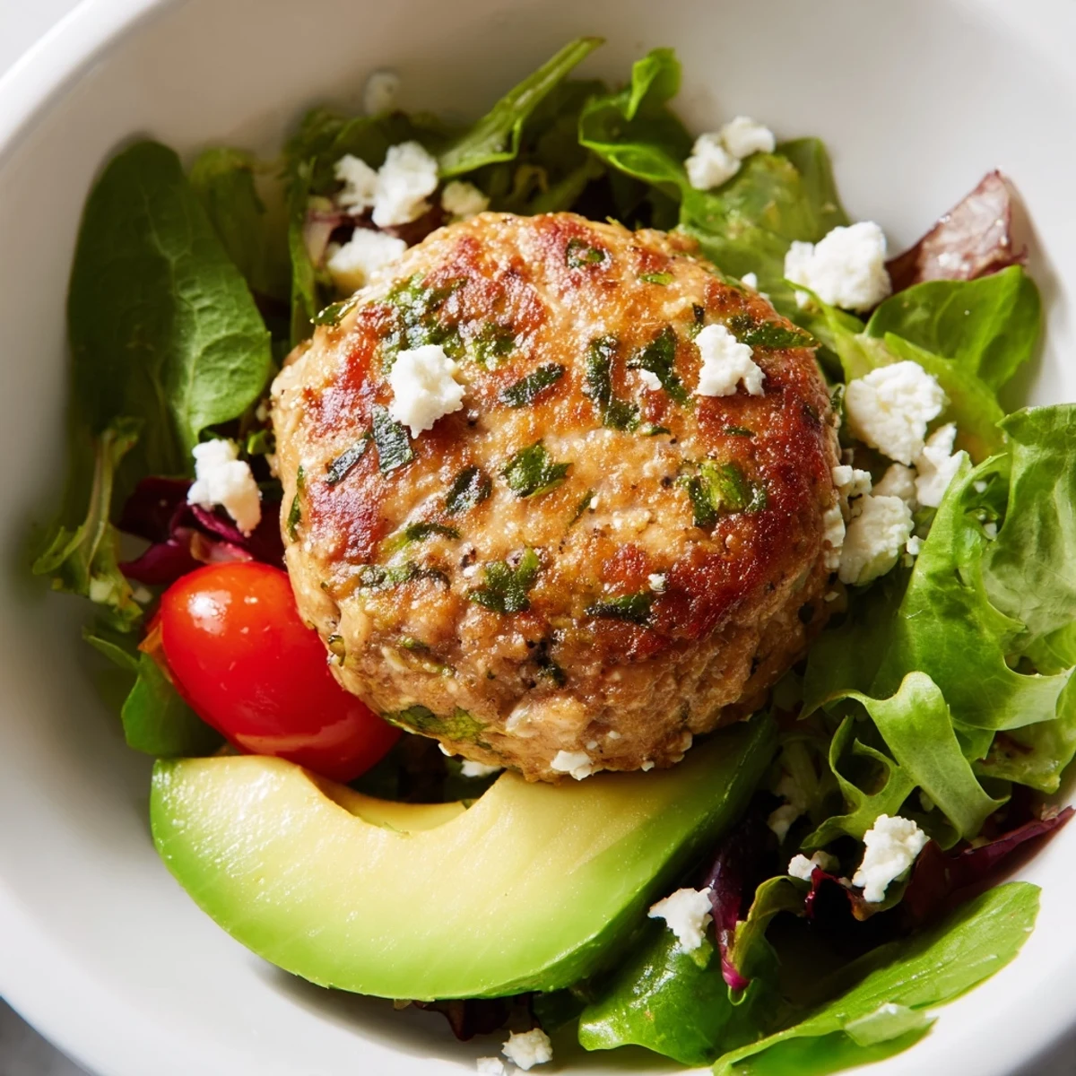 Salade Turkey Burger Salad Bowl avec vinaigrette, composée de crudités croquantes et d'un steak de dinde juteux