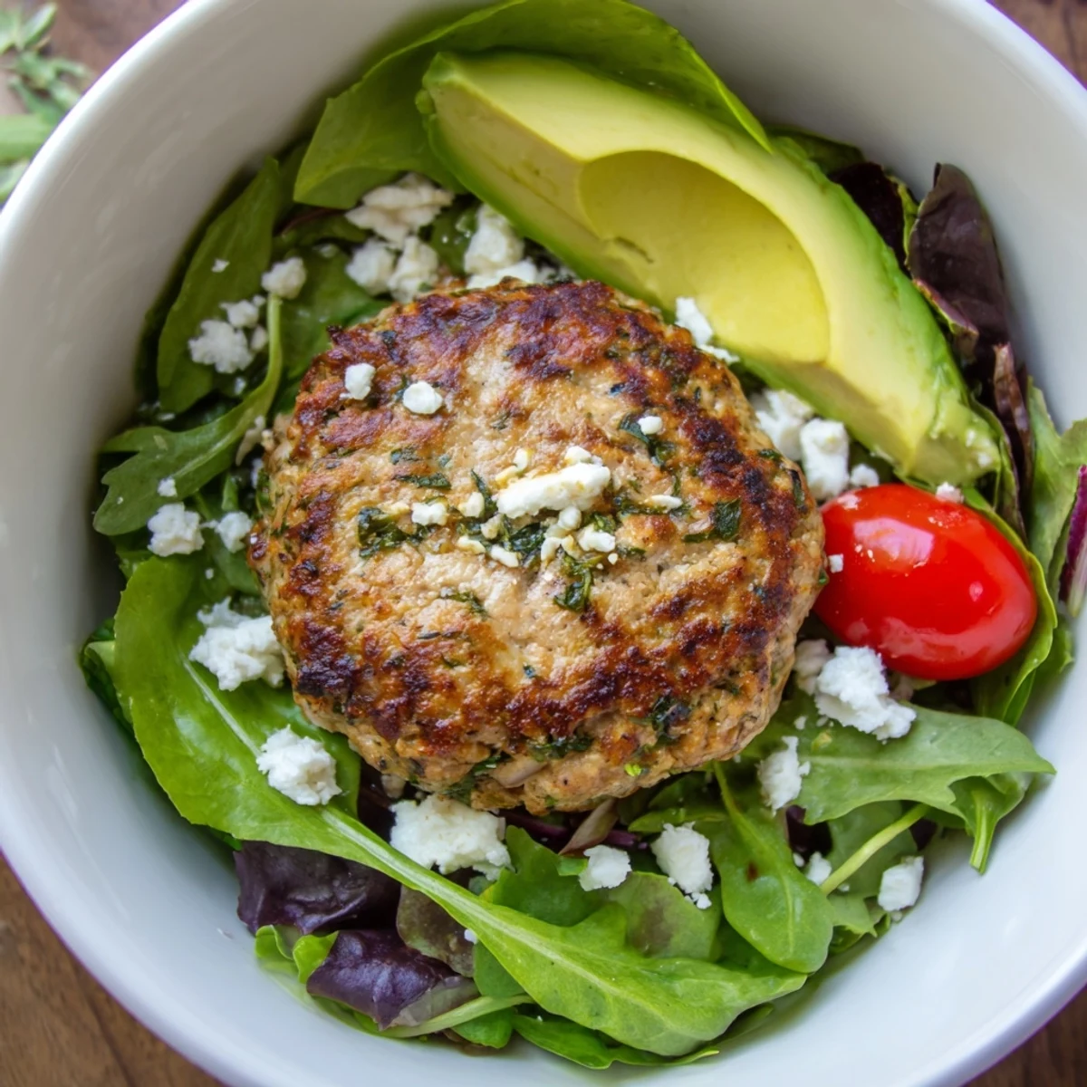 Assiette Turkey Burger Salad Bowl généreuse, incluant avocat, carottes râpées et fromage feta pour un repas savoureux