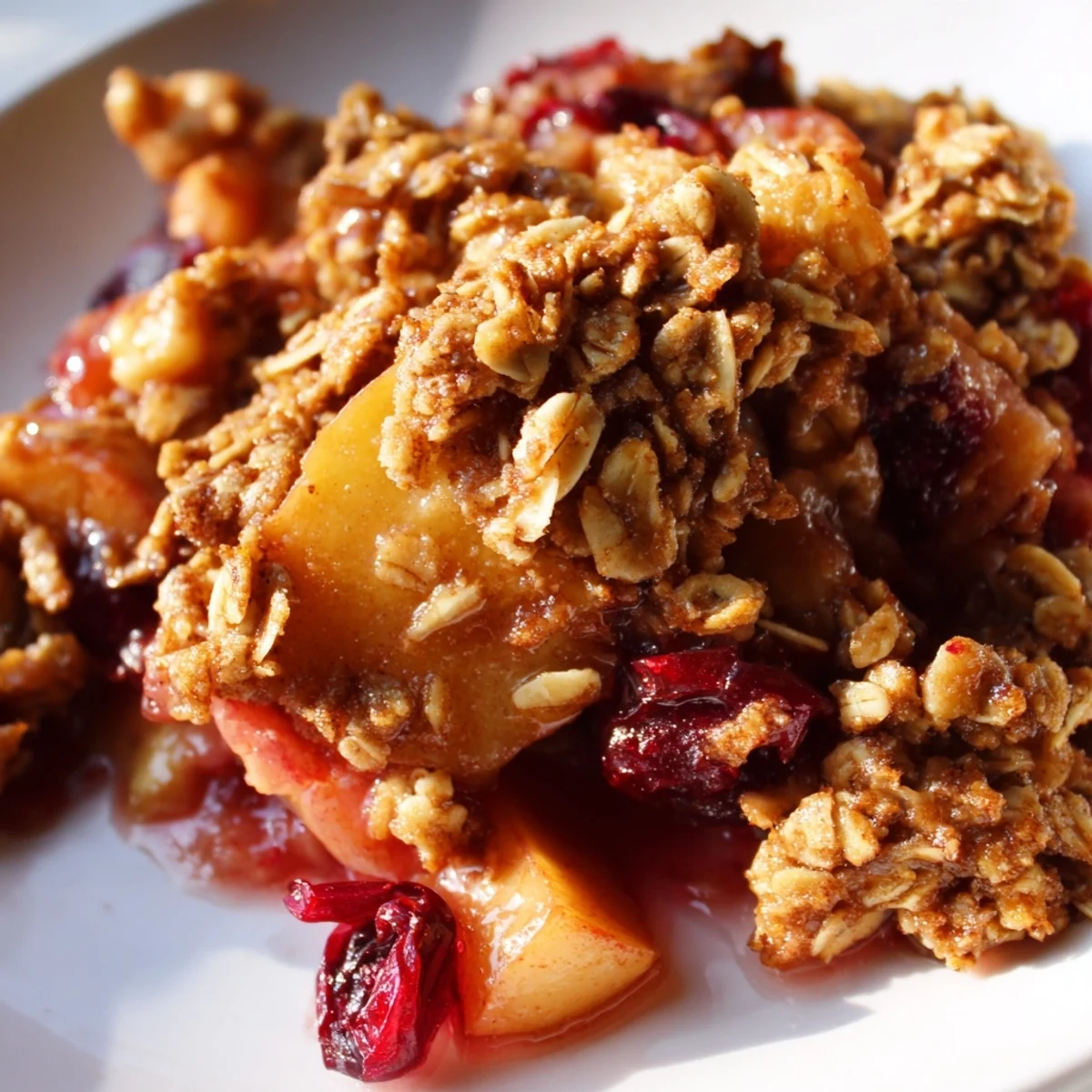 Un bol fumant de Winter Fruit Crisp avec pommes et cranberries