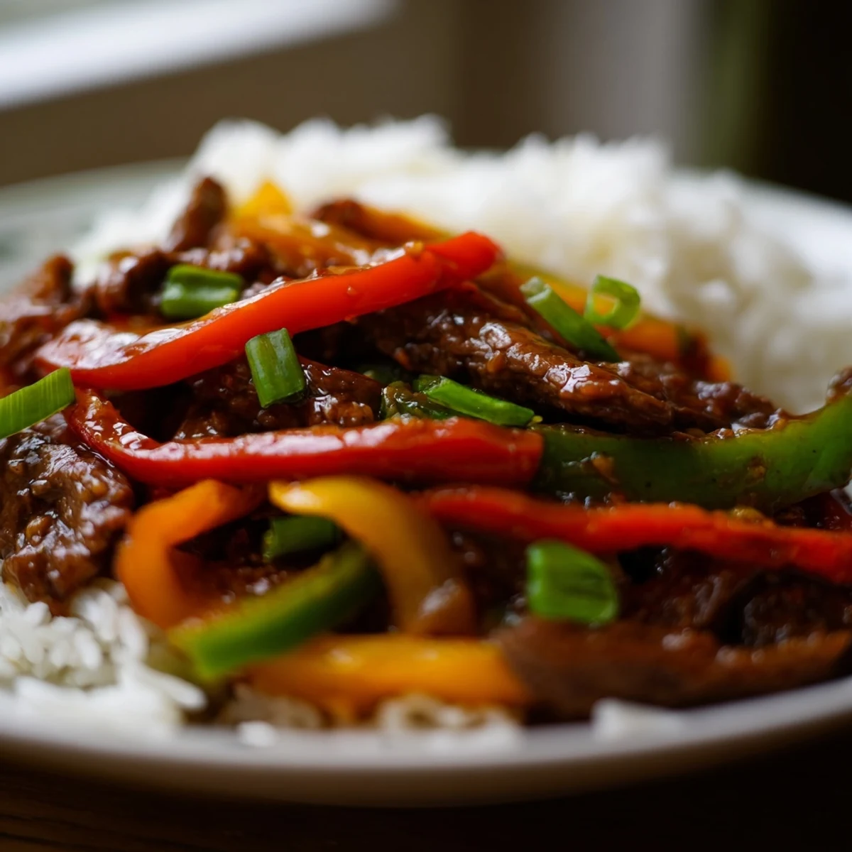 Spicy Beef and Pepper Stir Fry with Rice plated with tender beef strips, colorful bell peppers, and fluffy jasmine rice.  