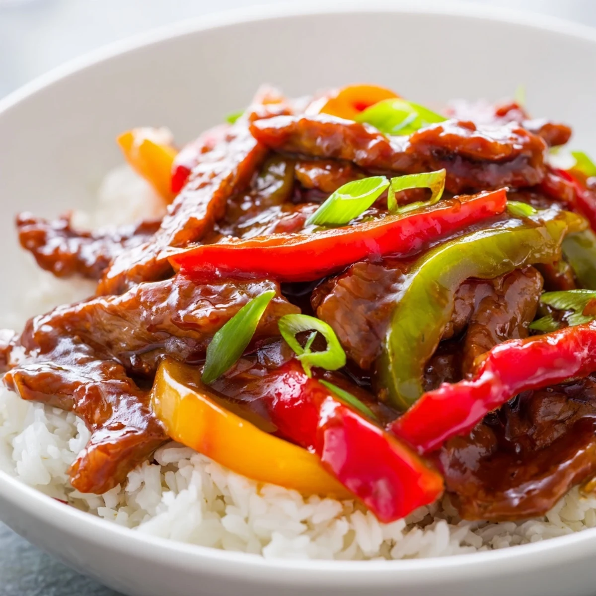 A steaming bowl of Spicy Beef and Pepper Stir Fry with Rice, garnished with green onions and chilies.  