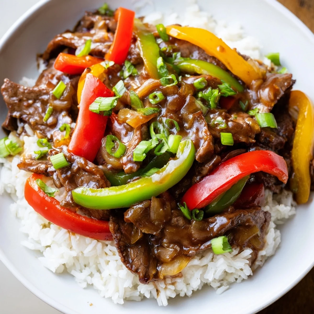 Spicy Beef and Pepper Stir Fry with Rice served over white rice, perfect for weeknight dinner.