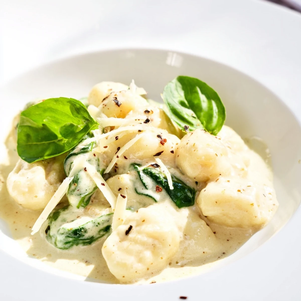 Creamy Gnocchi with Spinach and Cream Sauce served steaming in a shallow bowl with basil and parmesan