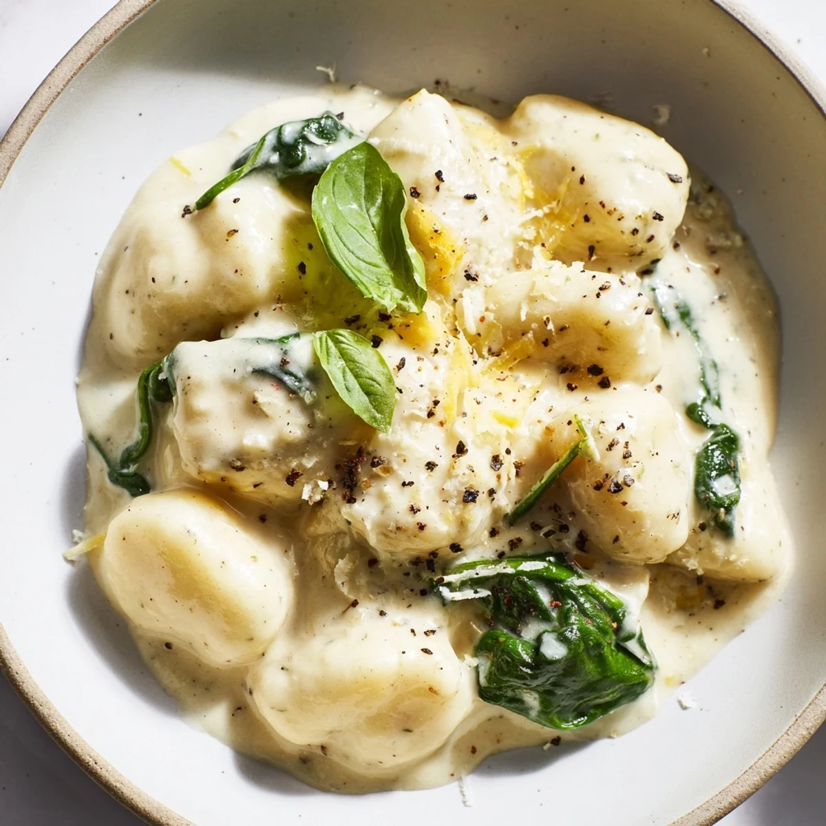A skillet of Creamy Gnocchi with Spinach and Cream Sauce beside a glass of crisp white wine