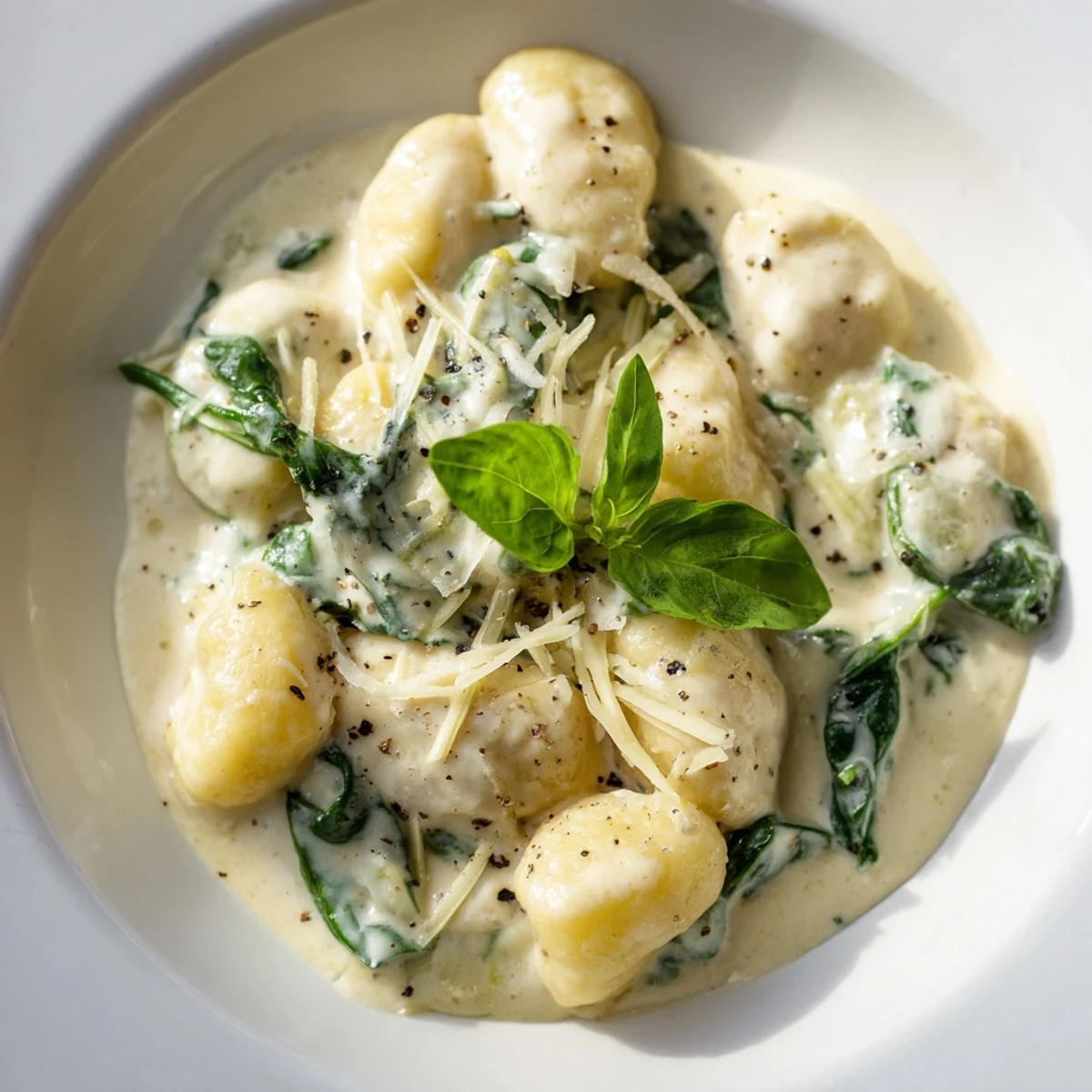 Creamy Gnocchi with Spinach and Cream Sauce plated with crusty bread on a rustic table