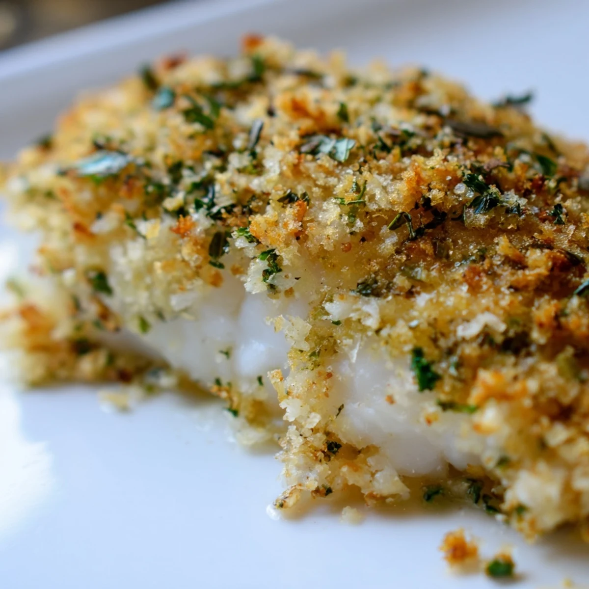Baked Cod with Panko and Herb Crust baked golden, with crispy breadcrumbs and fresh herbs on tender fish.