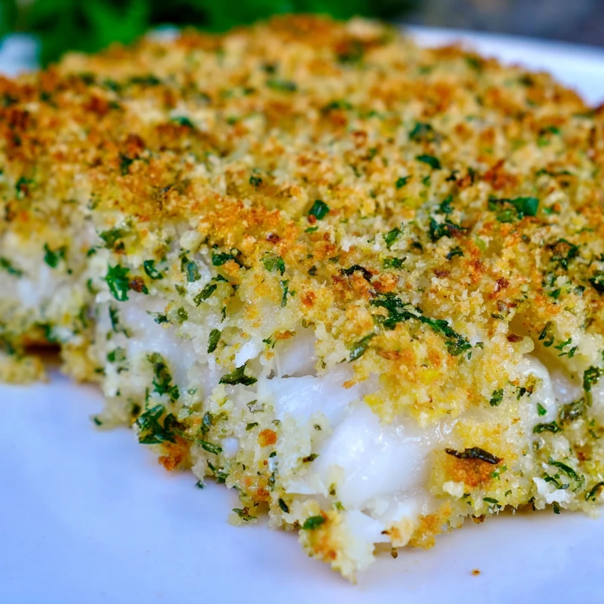 Fork-tender fillet of Baked Cod with Panko and Herb Crust flaking easily, topped with crunchy golden crumbs.