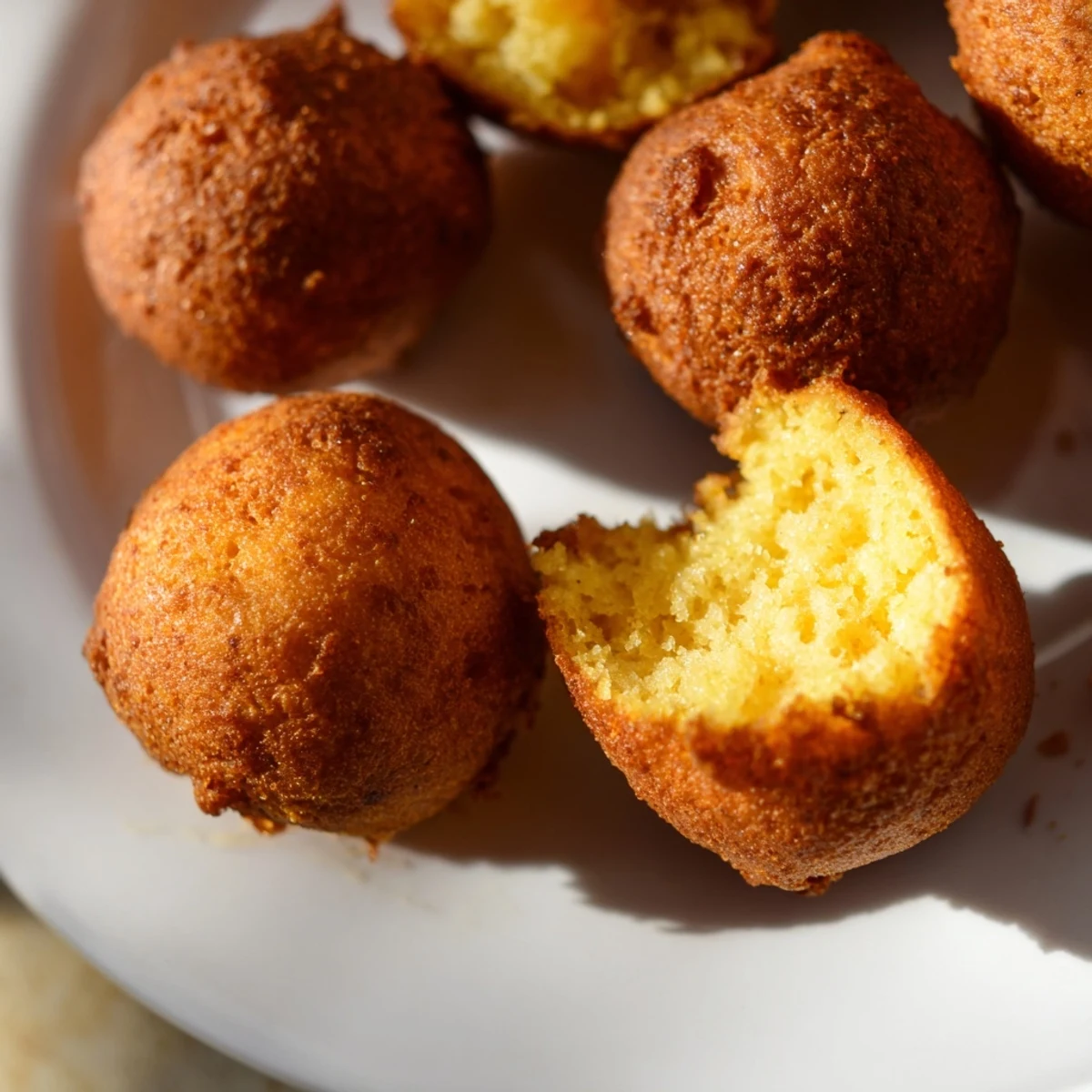 Petits beignets de maïs moelleux à l’intérieur, ces hush puppies frits nagent dans l’huile bouillonnante.
