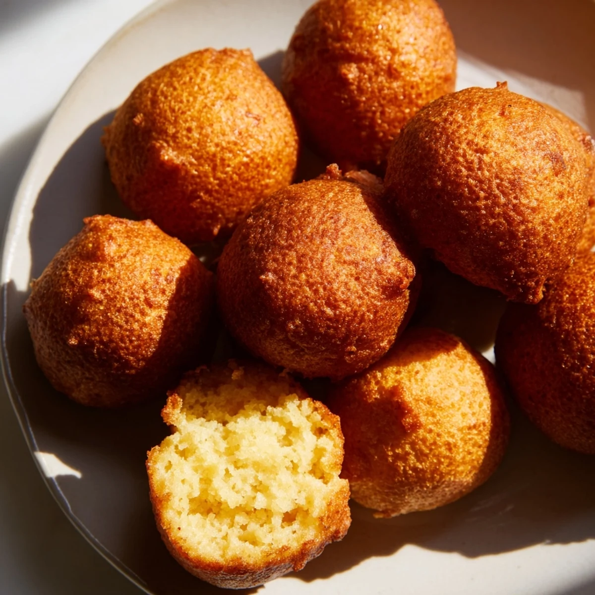 Écrasement de friture dans une cocotte en fonte pour des hush puppies du Sud croustillants et gorgés d’oignon.