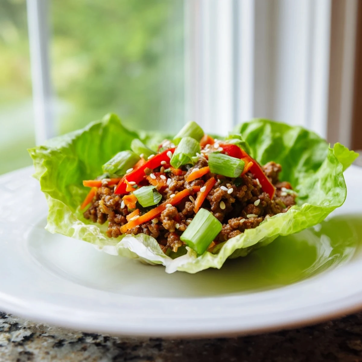 Poches de laitue laitue remplies de bœuf haché savoureux et de légumes croquants, un plat principal sans gluten prêt à déguster.