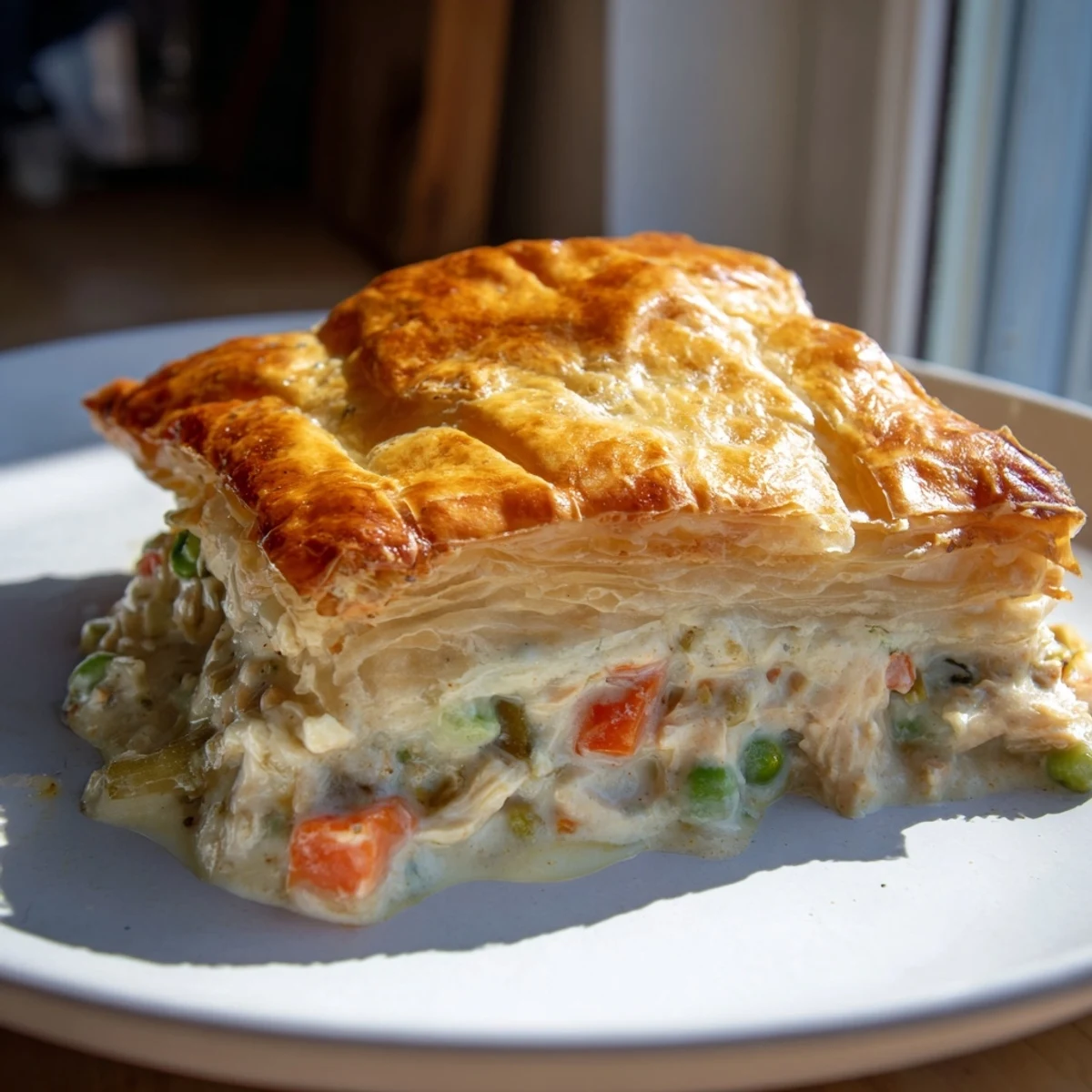 Une tourte dorée au poulet, avec une croûte feuilletée et une garniture crémeuse aux légumes frais.
