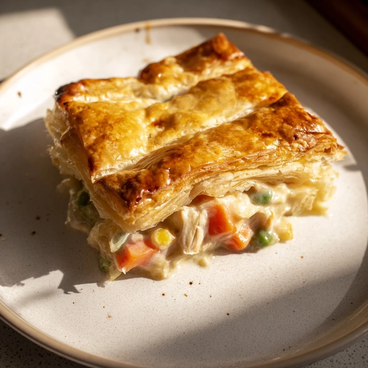 Une part de tourte au poulet dans une assiette, accompagnée de haricots verts verts et d'une salade verte.