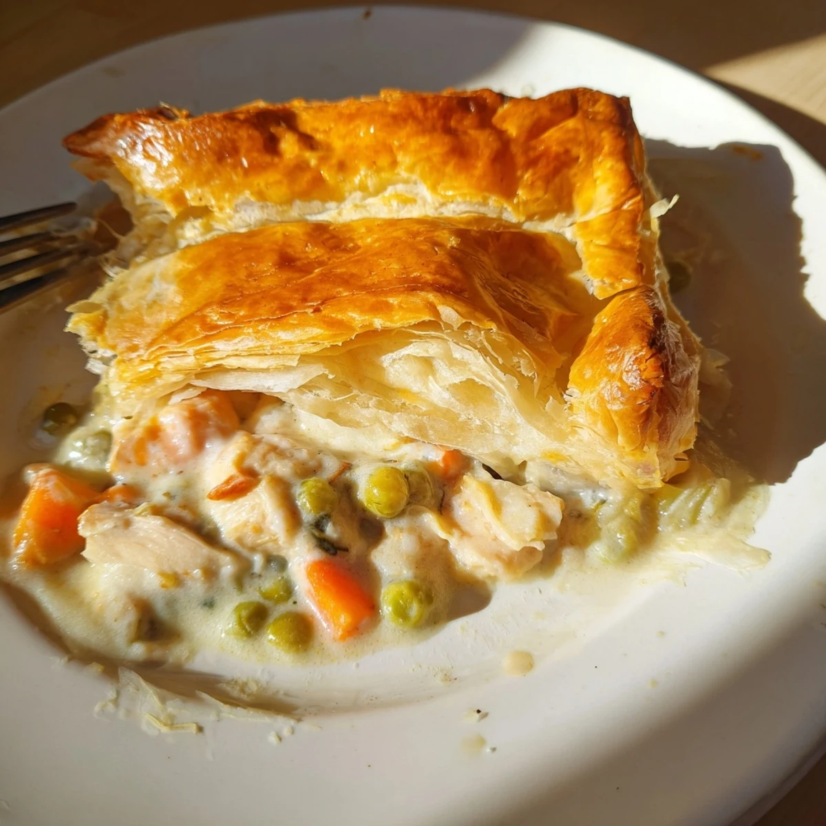 Une tourte au poulet bien cuite, présentée dans un plat à tarte avec une croûte dorée et des éclats de légumes.