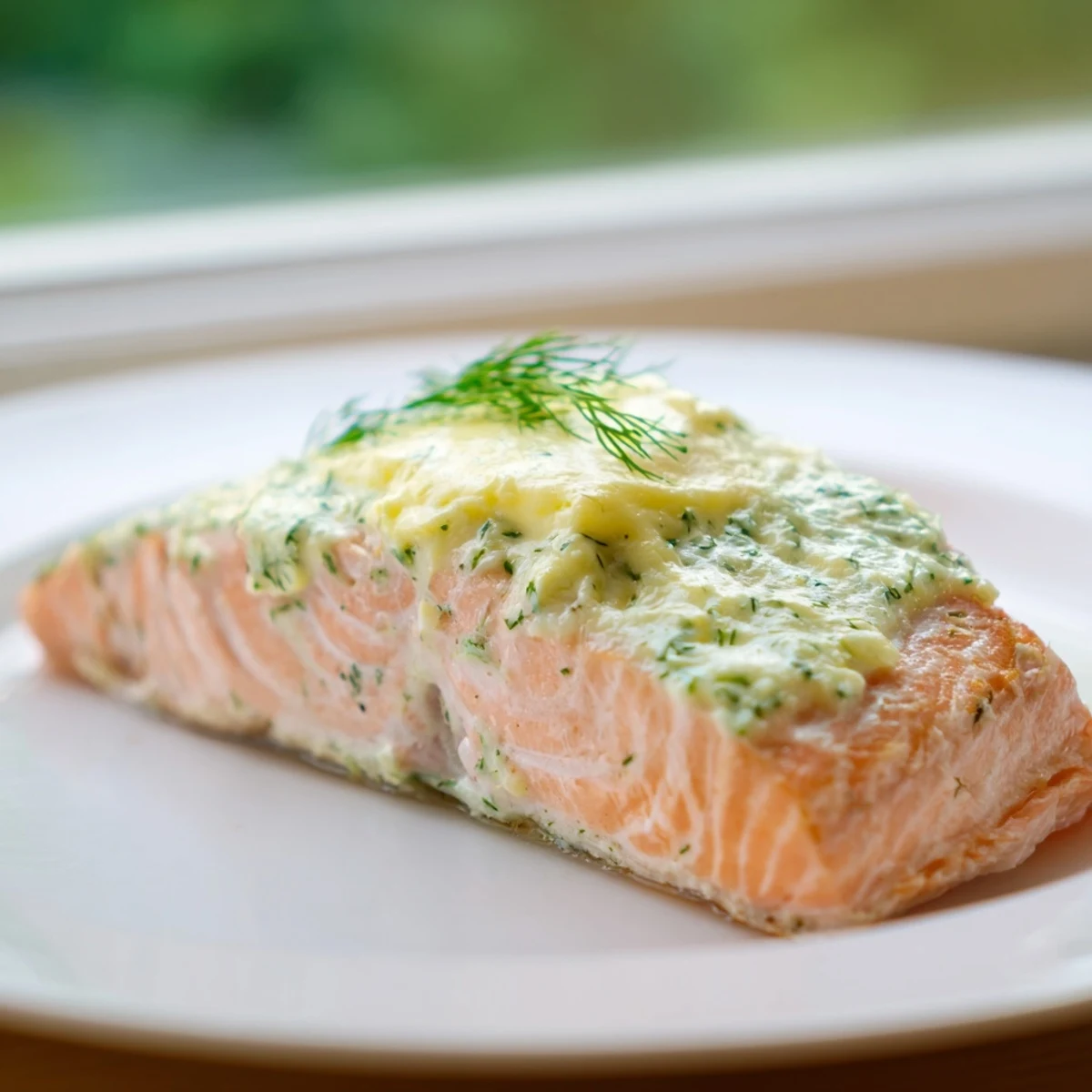Saumon au four au beurre d'aneth sur une assiette blanche avec des citrons ronds.