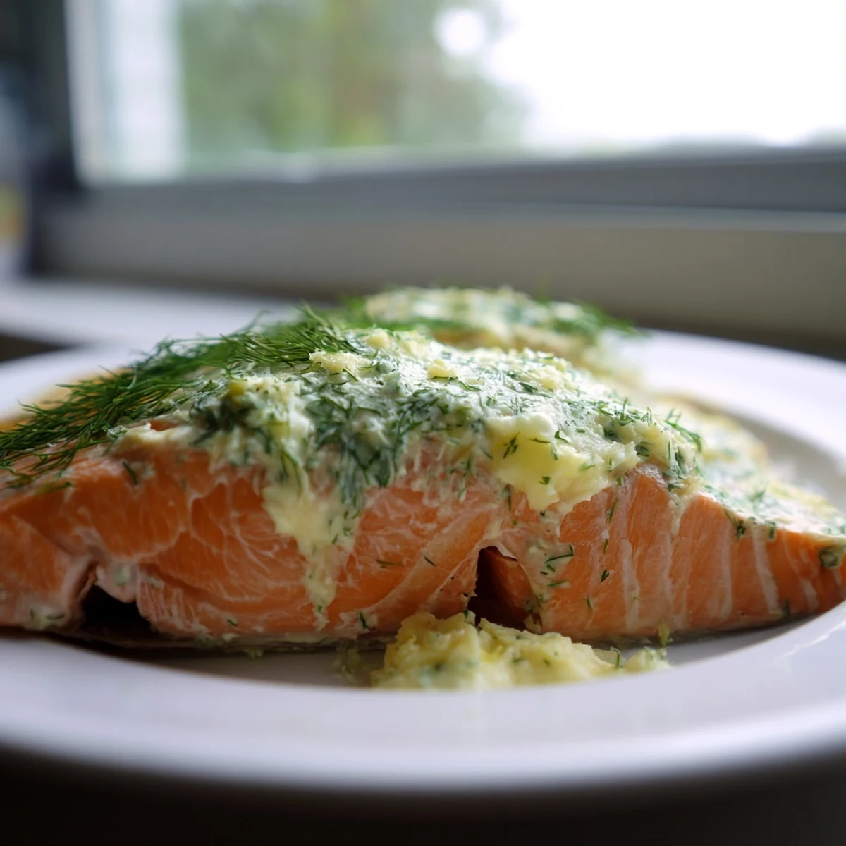 Filets de saumon dorés au four, saupoudrés de beurre frais à la composition d'herbes.