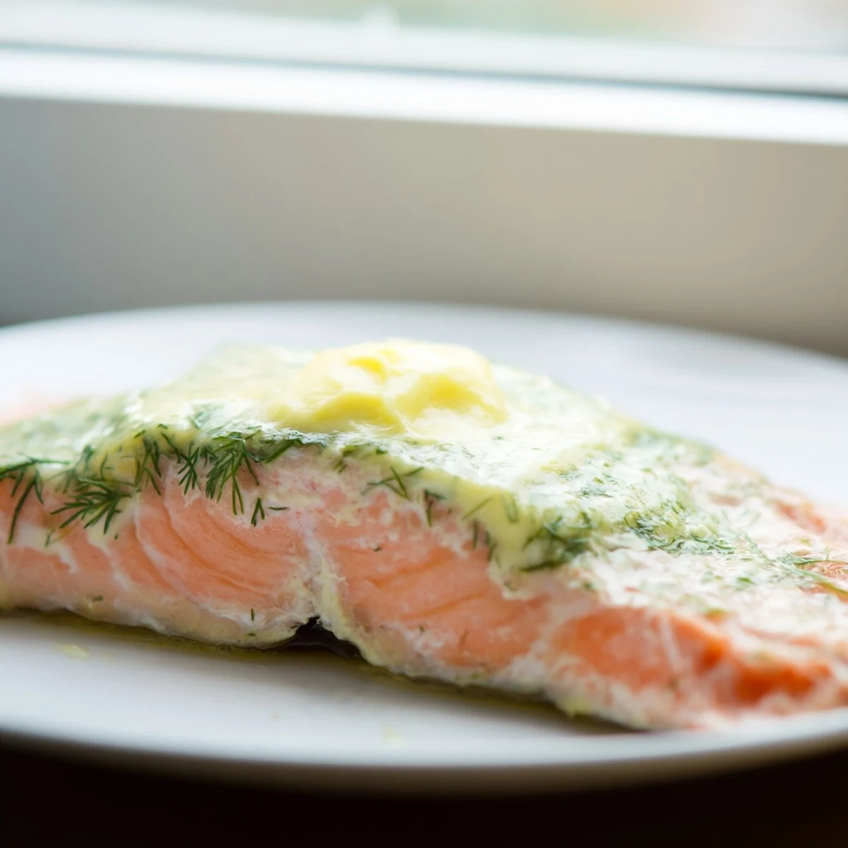 Mets principal savoureux, saumon au four garni de beurre d'aneth et de zestes de citron.