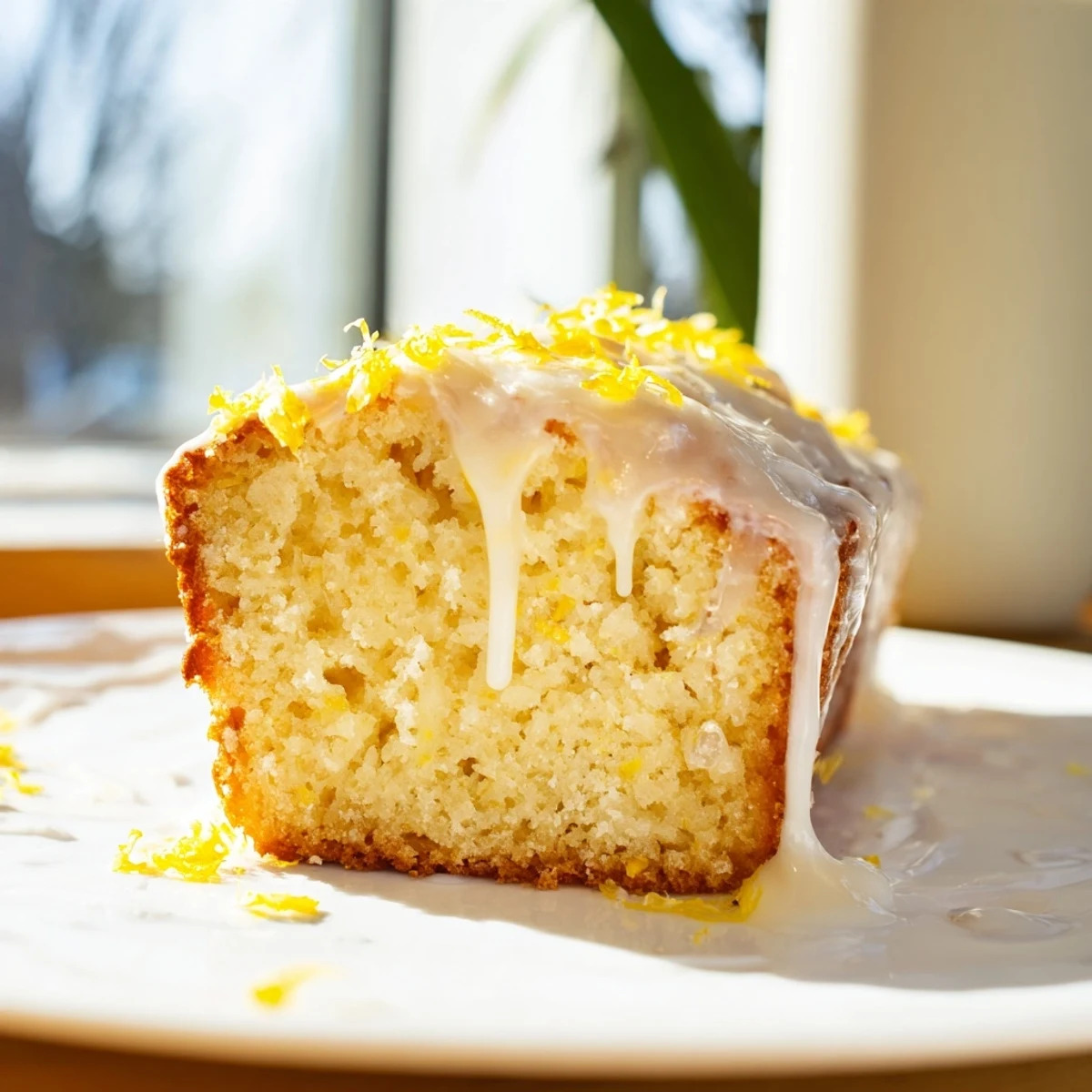 A close-up of the golden-brown Lemon Loaf Cake with a shiny, zesty glaze and fresh lemon slices.