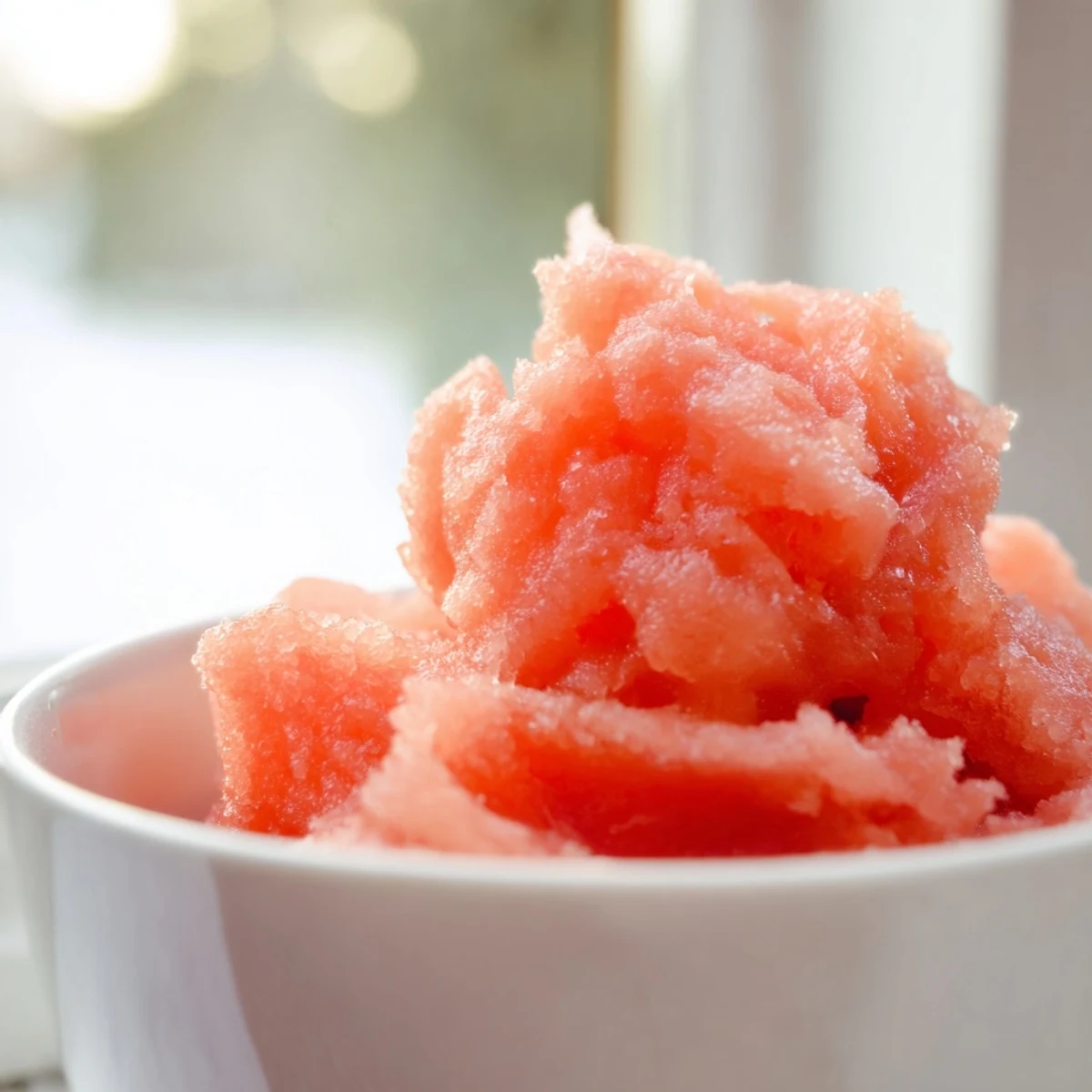 Une coupe de Pink Grapefruit Sorbet avec des zestes de pamplemousse frais et une feuille de menthe.