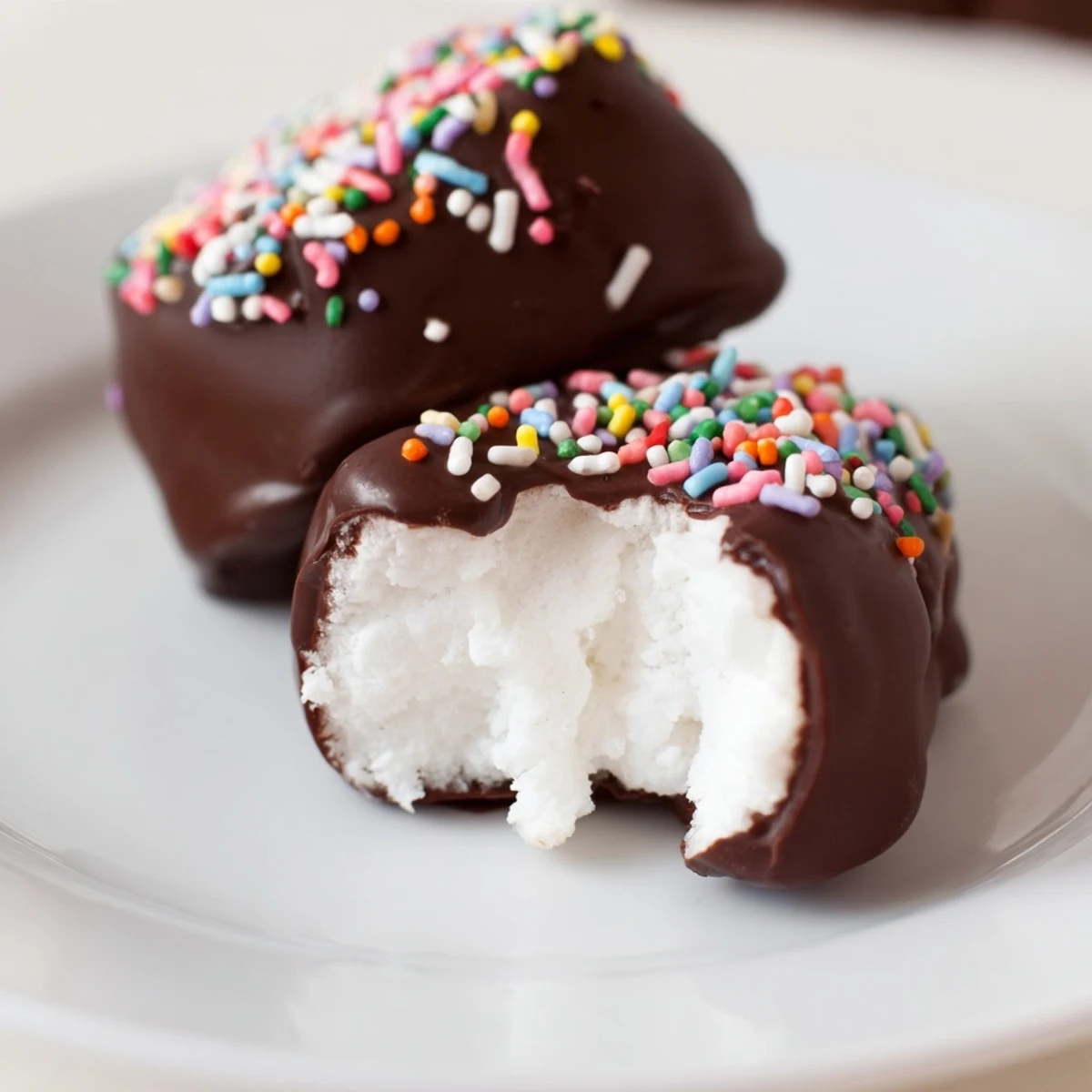Au-dessus de la surface à pâtisserie, les marshmallows enrobés de chocolat brillent sous des sprinkles multicolores.