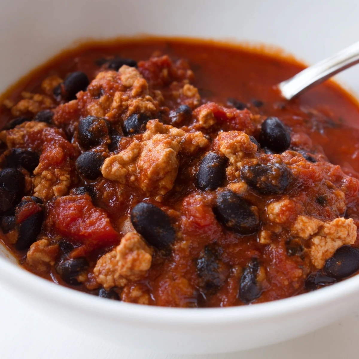 Turkey Chili with Black Beans and Tomatoes fumant dans un bol, accompagné de tortillas et de morceaux de poivron rouge.