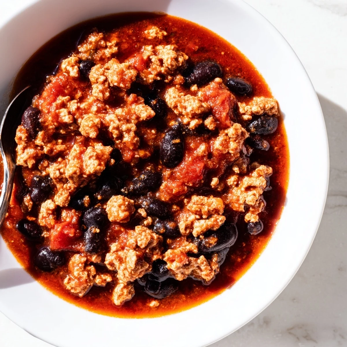 Assiette de Turkey Chili with Black Beans and Tomatoes, grains de haricots et morceaux de dinde en sauce tomate épicée.