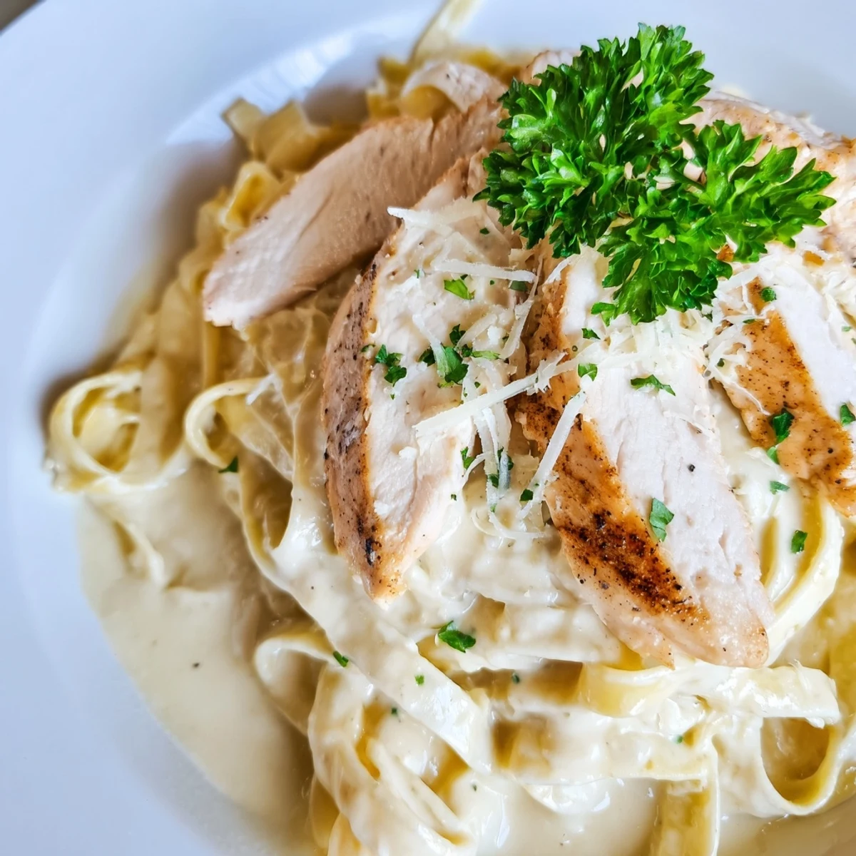 Savory grilled chicken slices rest on creamy fettuccine Alfredo, garnished with fresh parsley in a warm skillet.  