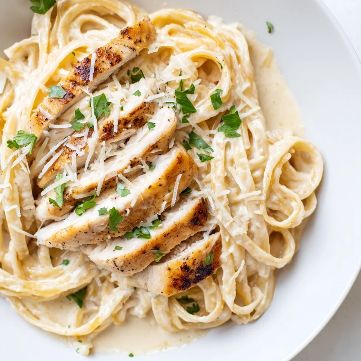De l'escalade de poulet grillé parfumée repose sur des fettuccines Alfredo crémeuses, avec un peu de persil frais.  