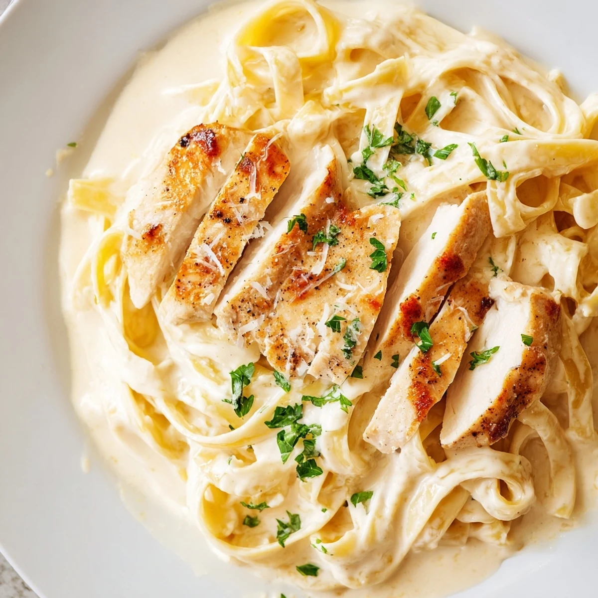 Une assiette généreuse de pâtes Alfredo avec du poulet grillé, servie avec du pain et une salade verte.