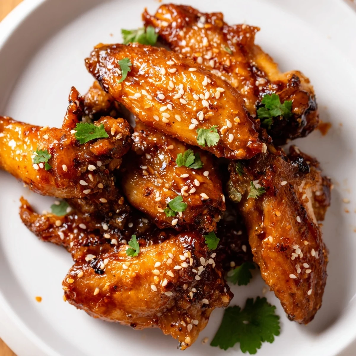 Crispy Spicy Sriracha Chicken Wings garnished with cilantro and sesame seeds on a platter.