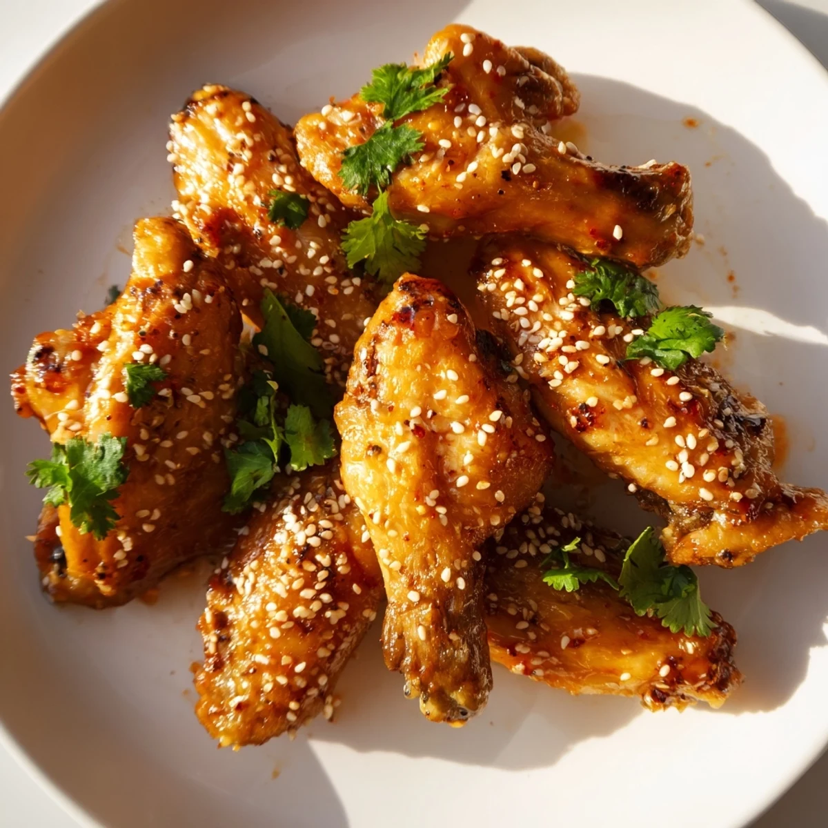 Golden Spicy Sriracha Chicken Wings tossed in a sticky, glossy sauce with lime wedges.