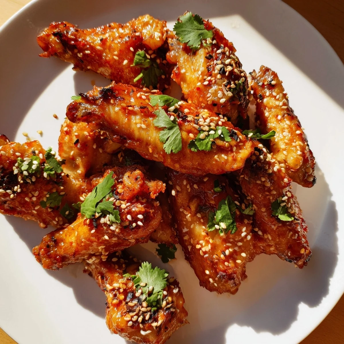 Juicy Spicy Sriracha Chicken Wings baked on a wire rack next to a bottle of lager.