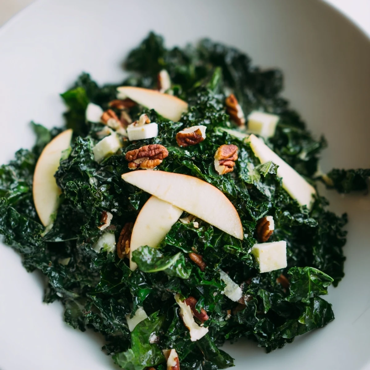 Freshly prepared Winter Kale Salad with Apple and Cheddar, showcasing tender greens, sweet fruit slices, savory cheese, and crunchy nuts for a festive winter side dish.