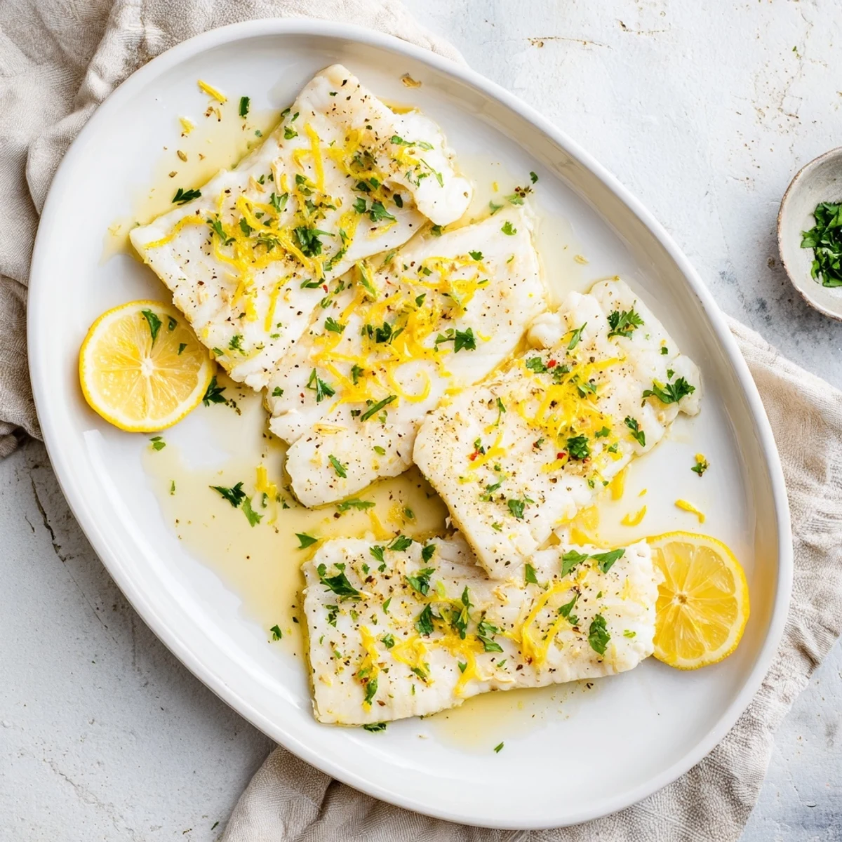 Flancs de poisson cuit au four avec citron, garnis de persil frais et de quartiers de citron, sur fond de papier cuisson.