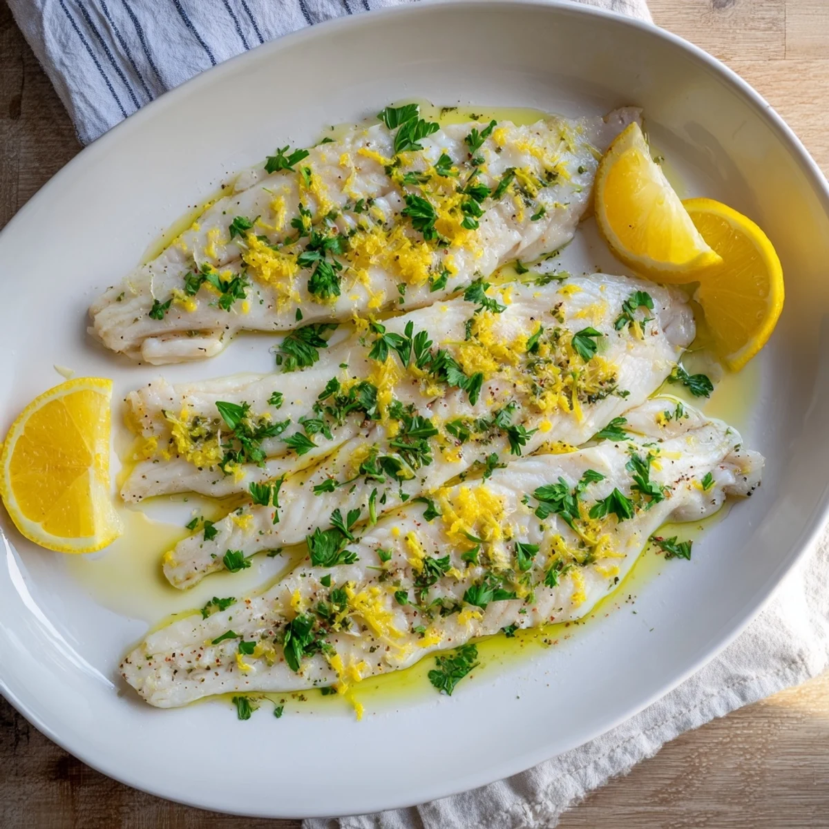 Gros plan sur un filet de poisson au citron cuit au four, tendre, juteux et légèrement doré, prêt à déguster.