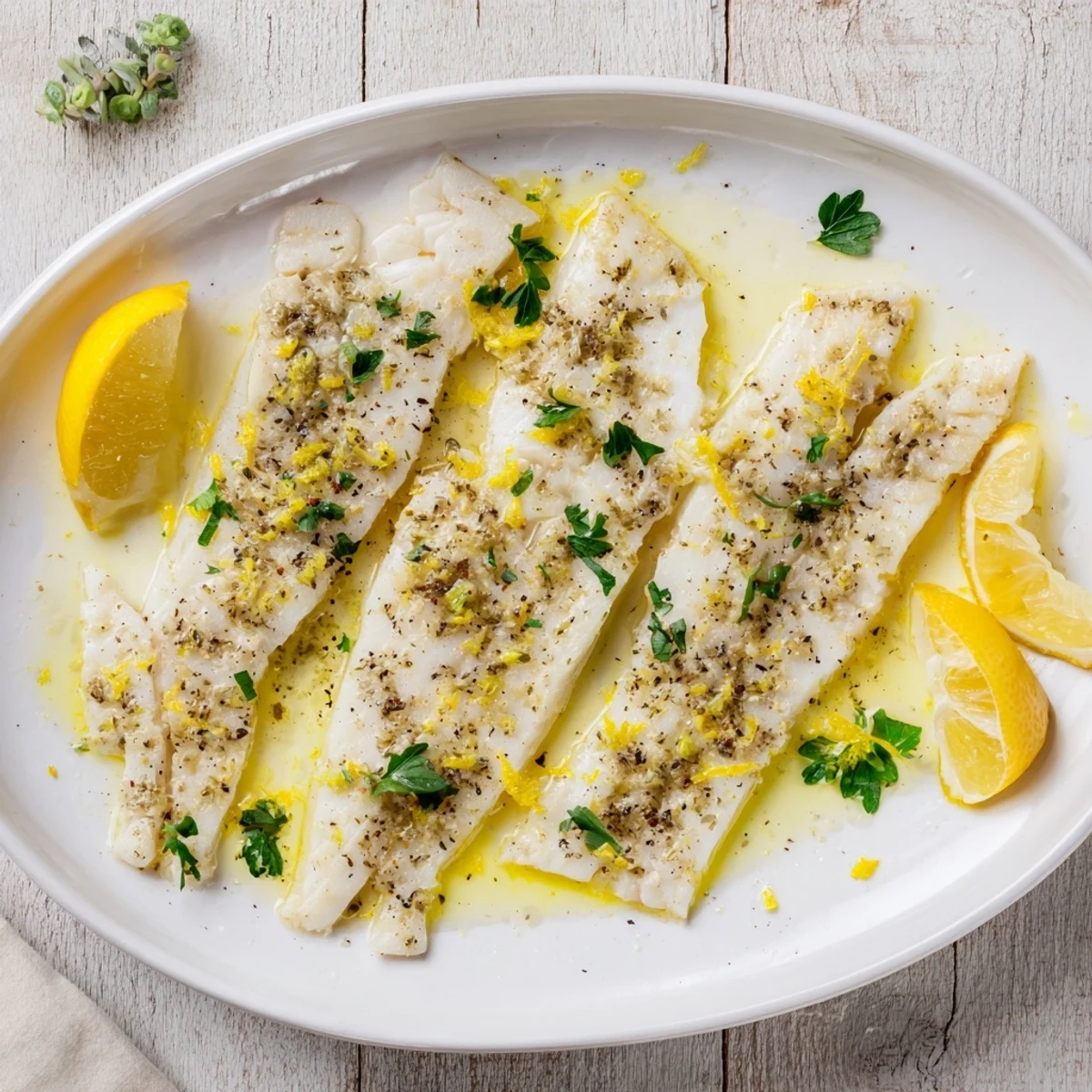 Filets de poisson au four au citron et aux herbes, servis avec des légumes vapeur et du riz, présentés de façon appétissante.
