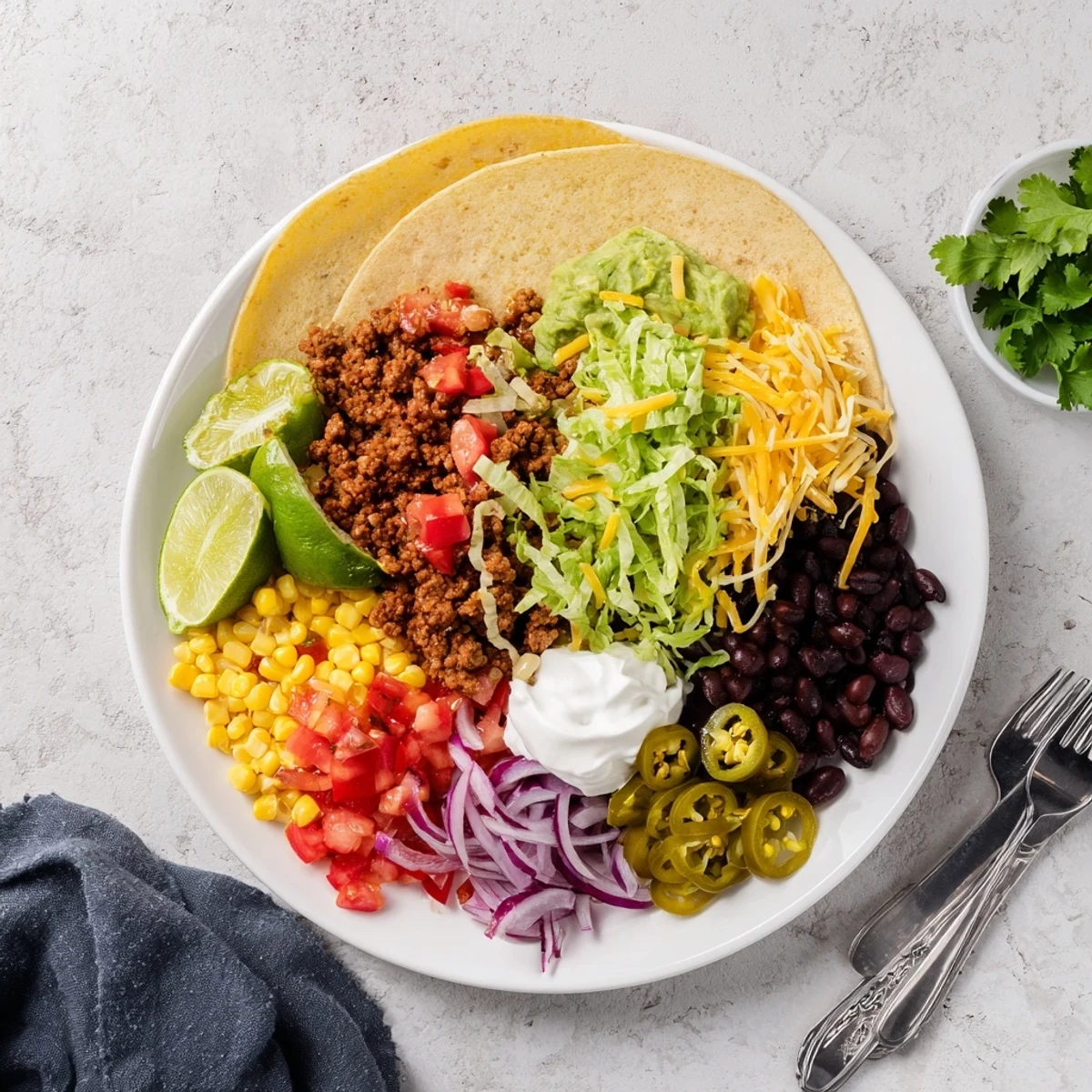 Une table de fête "Touchdown Taco Bar" avec des bœuf haché et poulet grillé, des tortillas tièdes, et des bol garnis colorés pour construire des tacos à la maison.