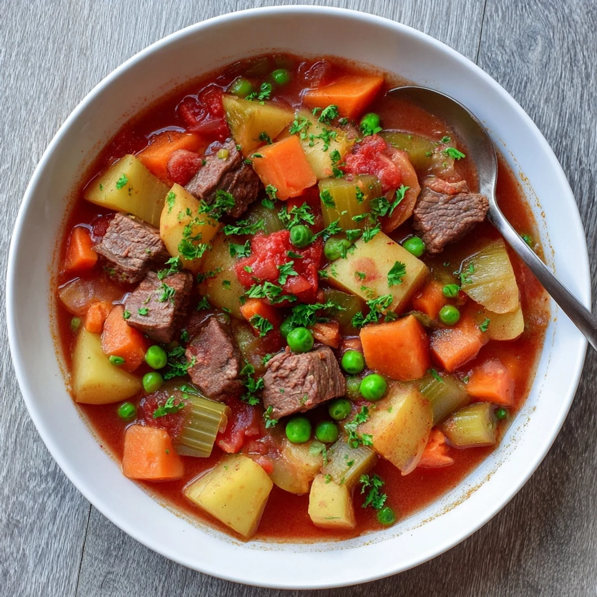 Bol de ragoût hivernal garni de légumes racines tendres et de persil frais pour un déjeuner réconfortant.