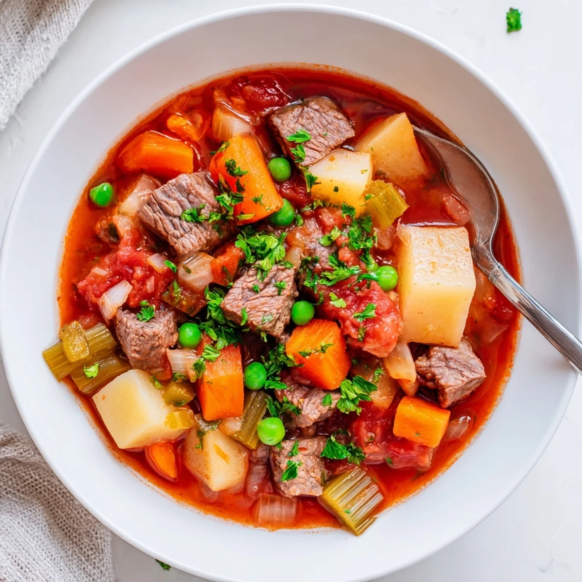 Une portion généreuse de ragoût hivernal avec pommes de terre, carottes et herbes parfumées sur un fond rustic.