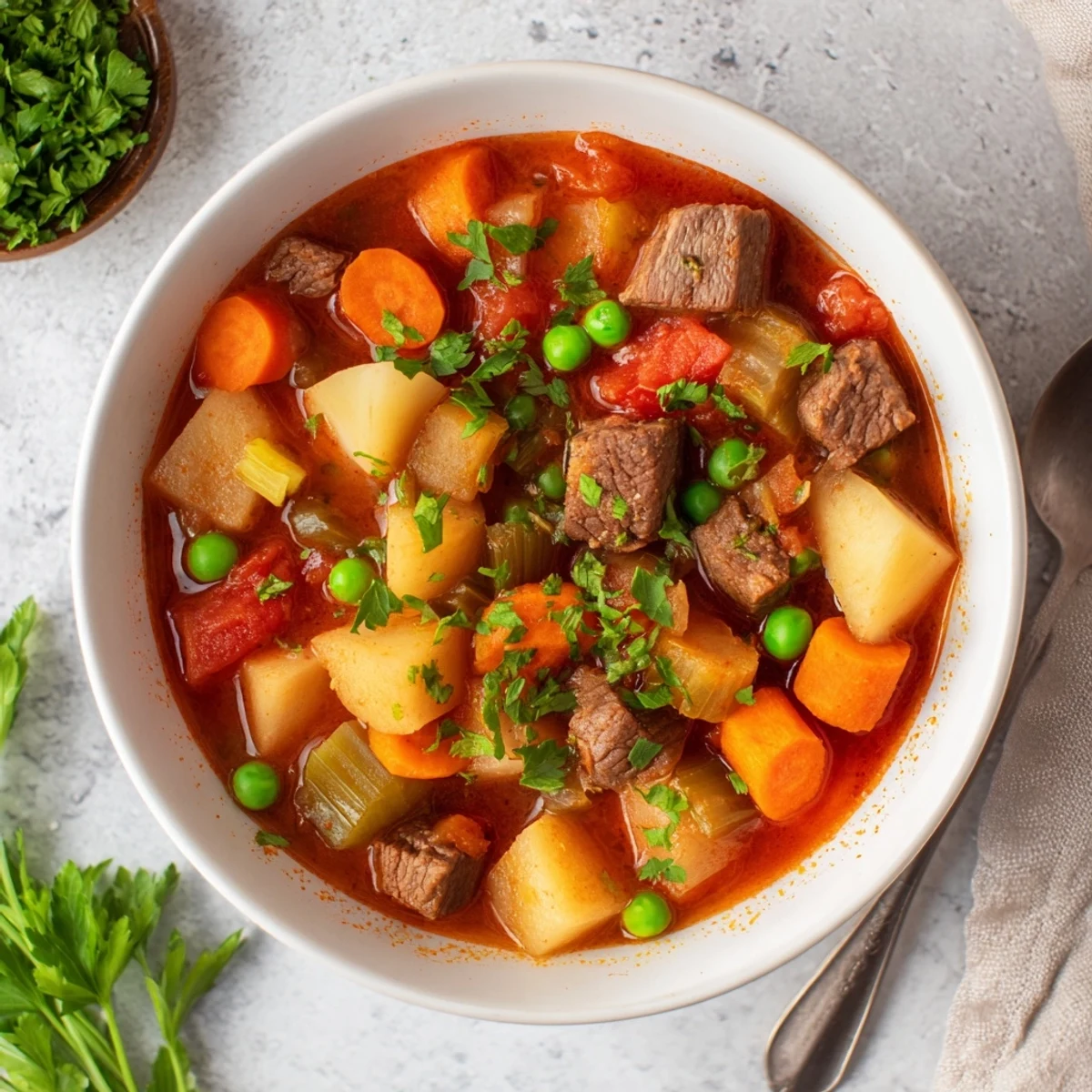 Ce bol de ragoût hivernal est présenté avec une tranche de pain croustillant pour un repas convivial.