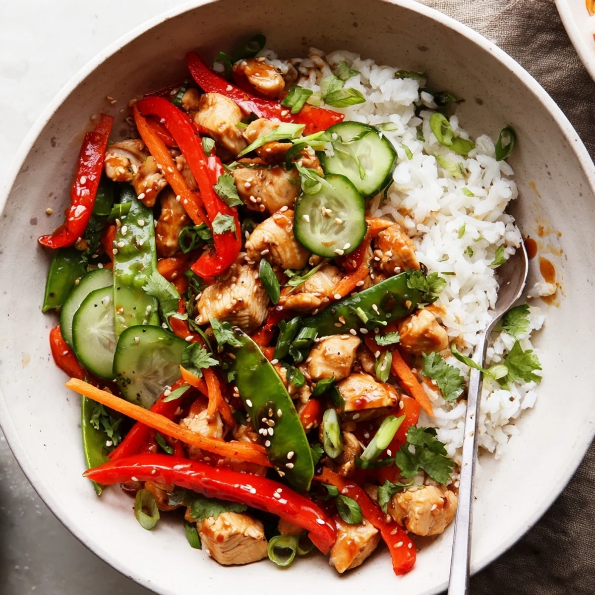 Le Spicy Lunch Bowl se déguste avec du riz parfumé, des légumes croquants et une sauce sriracha crémeuse.