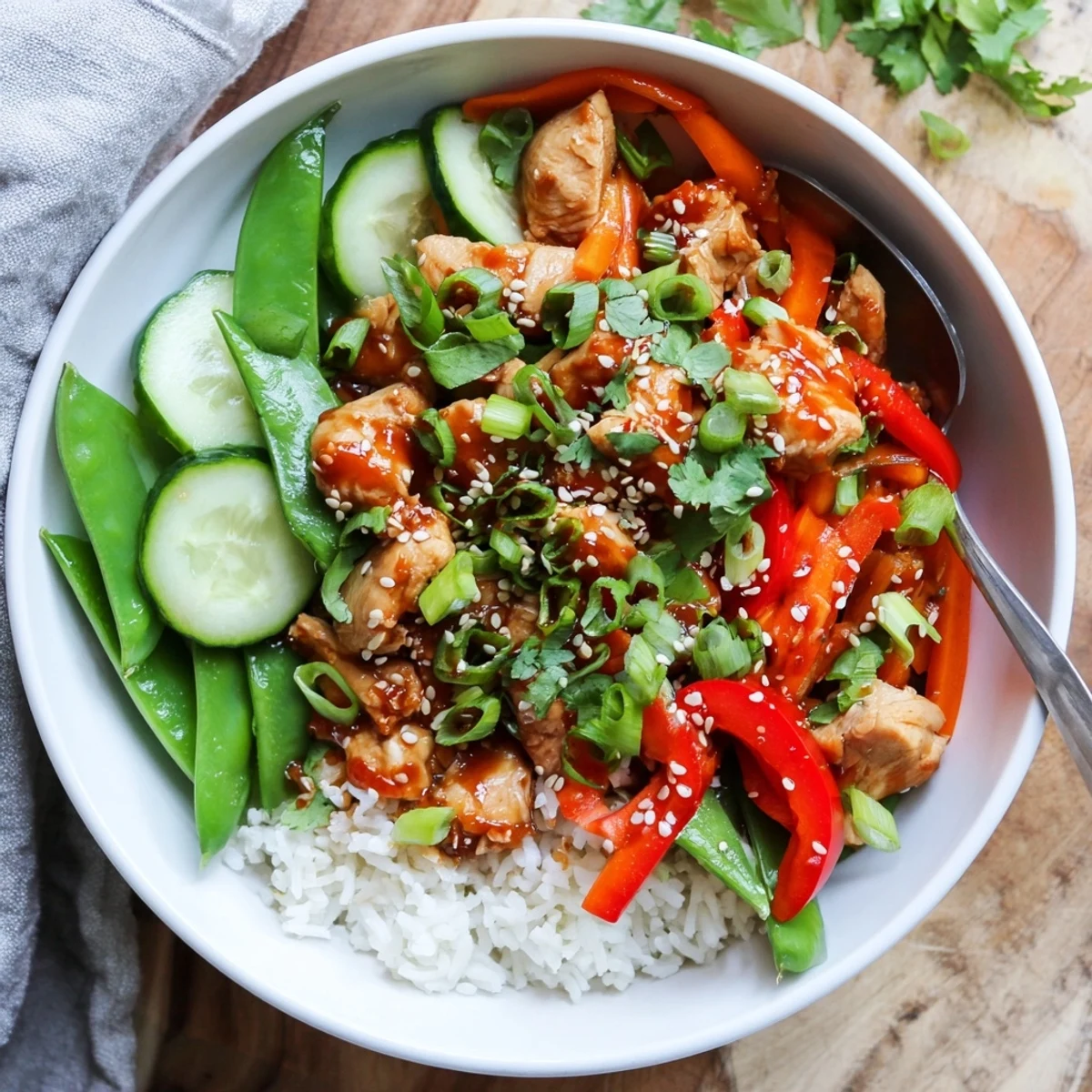 Un bol de riz Spicy Lunch Bowl garni de poulet tendre, de légumes colorés et de graines de sésame grillées.